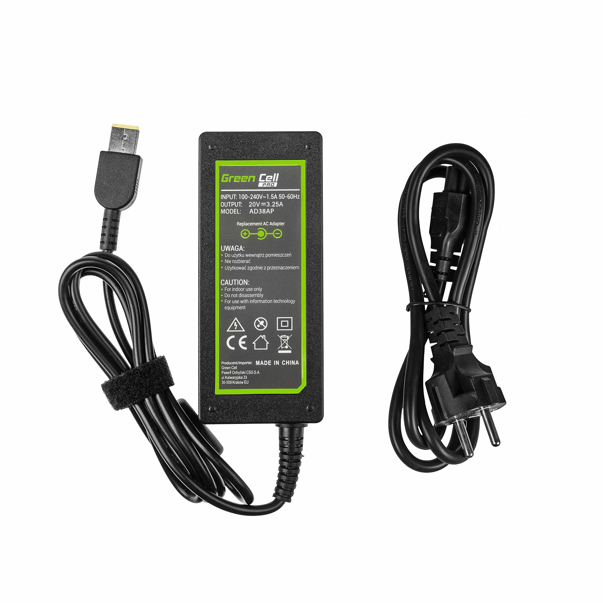 Green Cell 65 W 20 V 3,25 A ładowarka do laptopa Lenovo B50-80 G50 G50-30 V130-15IKB V310-15IKB IdeaPad S500 ThinkPad S540 kabel do ładowania wtyczka: Lenovo Slim Tip