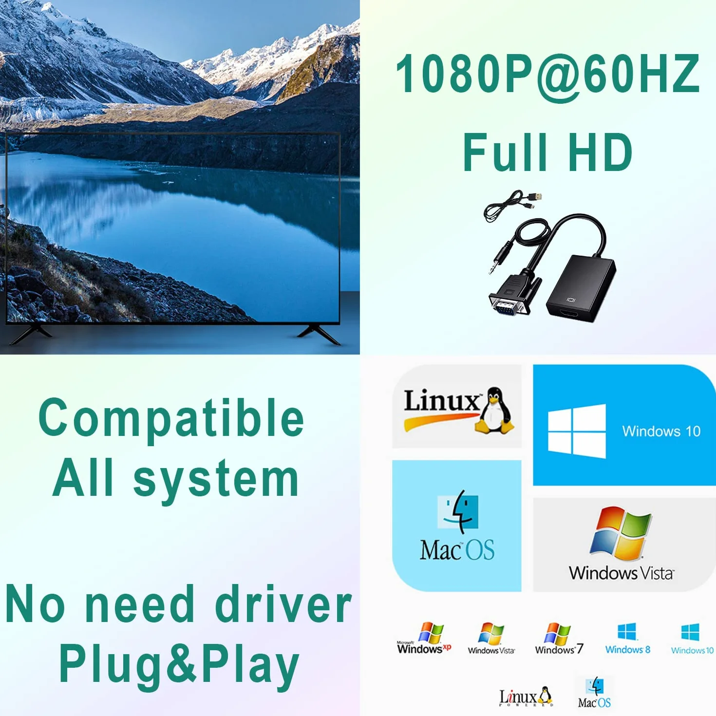 Adapter VGA na HDMI, 1080P HD Konwerter VGA męski na HDMI żeński kabel do ładowania z kablem audio 3,5 mm i kablem USB do komputera i laptopa na HDTV
