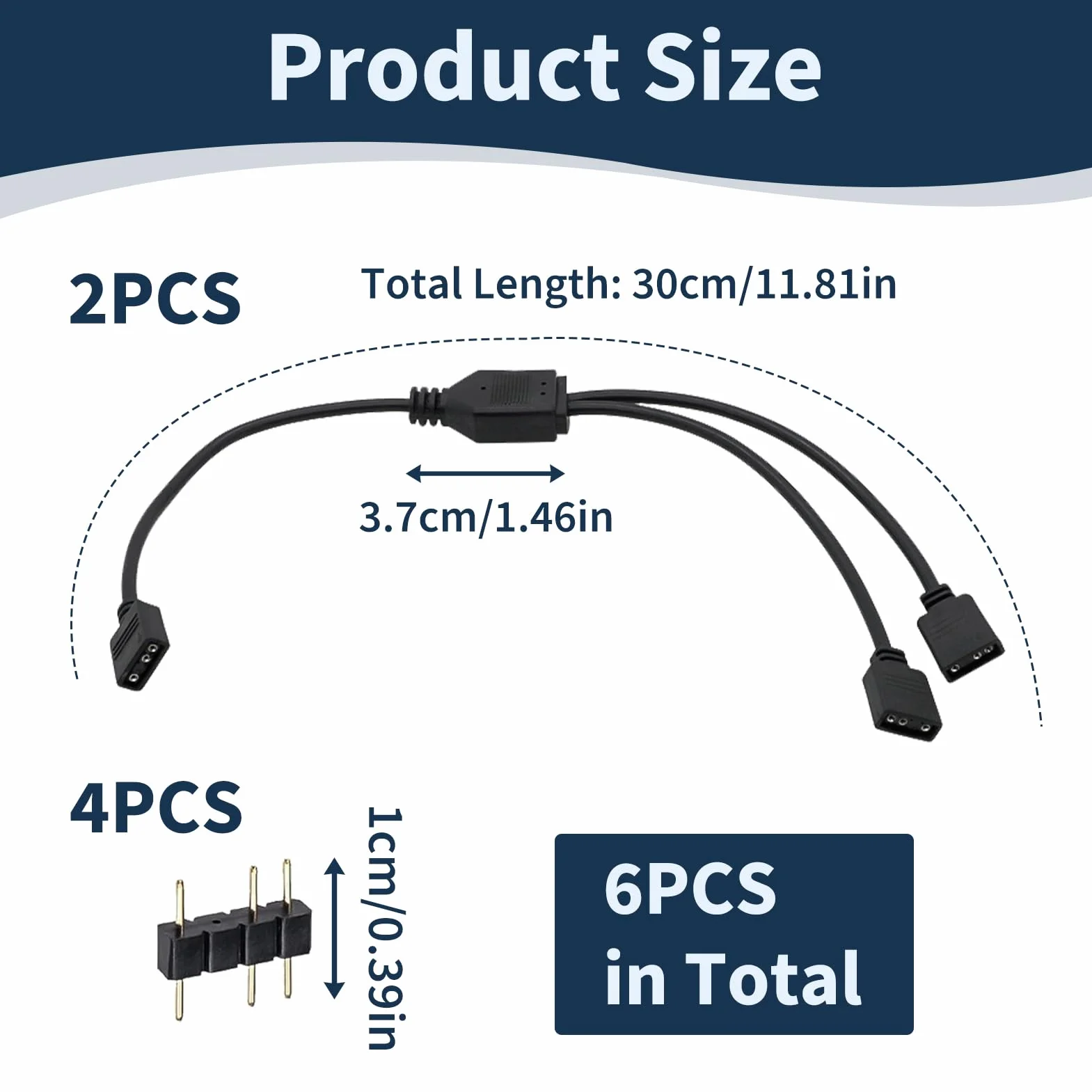 2 sztuki rozdzielaczy RGB 3-pinowy, rozdzielacz RGB Y, kabel rozdzielający ARGB, kabel rozdzielający LED Y do oświetlenia PC, rozszerzenie ARGB 5 V, kompatybilny z ASUS, MSI, ASRock, 30 cm, czarny