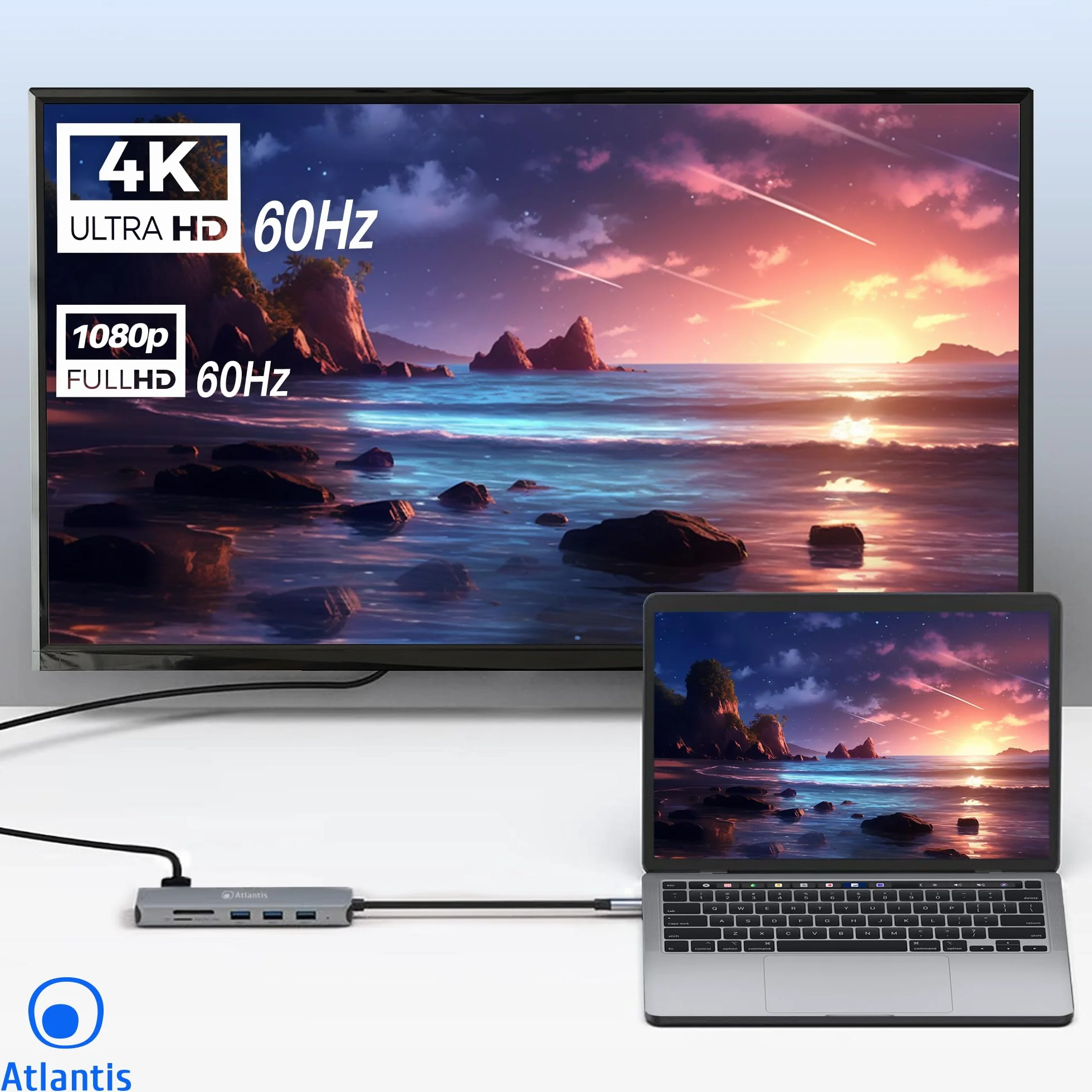 ATLANTIS A04-TC_DK46 Docking Station USB C (Type C) do HDMI 4K, VGA, Ethernet RJ45 Gigabit, 3 USB 3.0, 1 USB C, 1 PD-85W, 1 Audio IN/OUT 3.5mm, czytnik kart. Kabel 18 cm. Kompatybilny ze wszystkimi