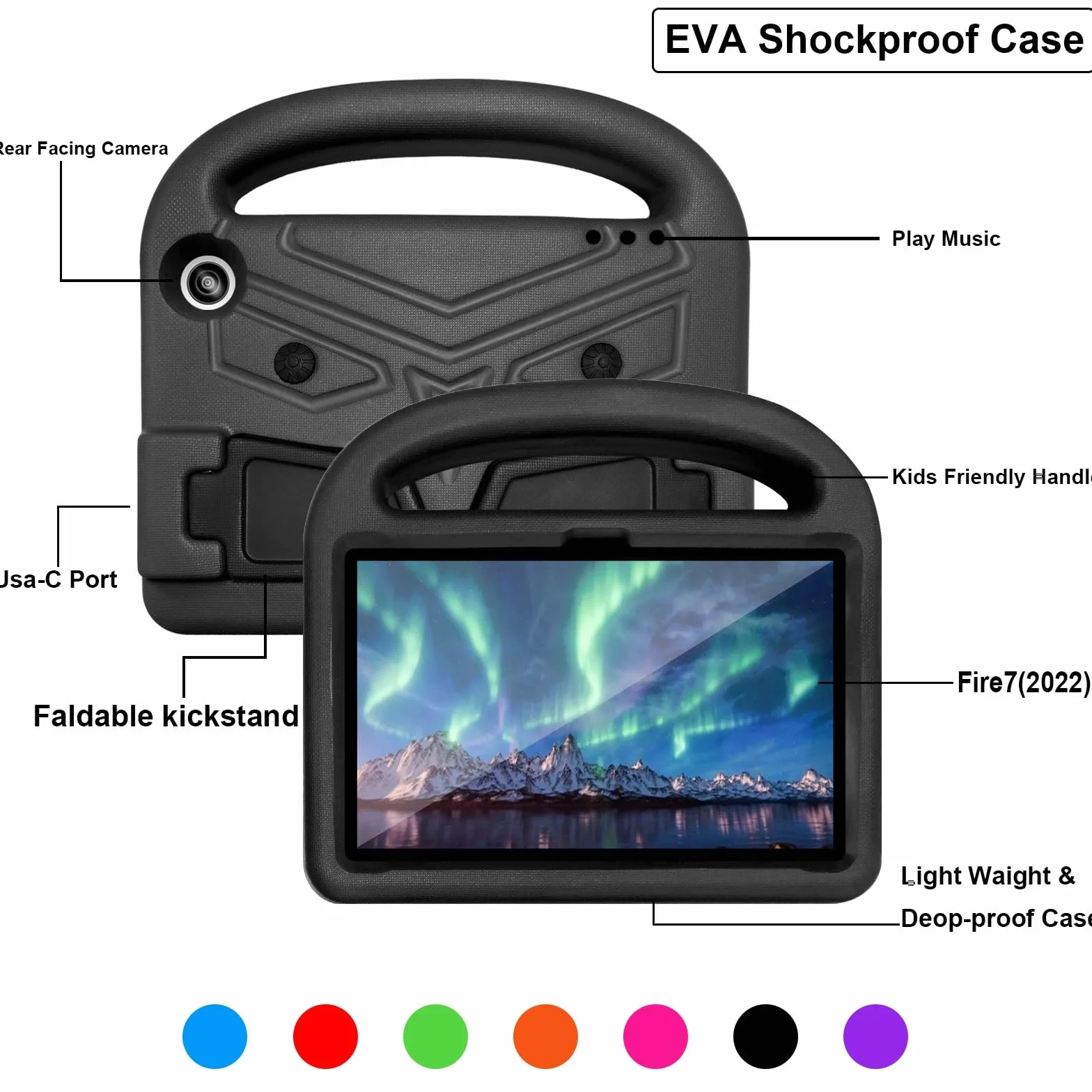 Pokrywa tabletu Etui na tablet dla dzieci kompatybilne z etui Kindle Fire 7 2022 - Wytrzymała, lekka, odporna na wstrząsy osłona uchwytu z pianki EVA Strona główna tabletu(Noir)