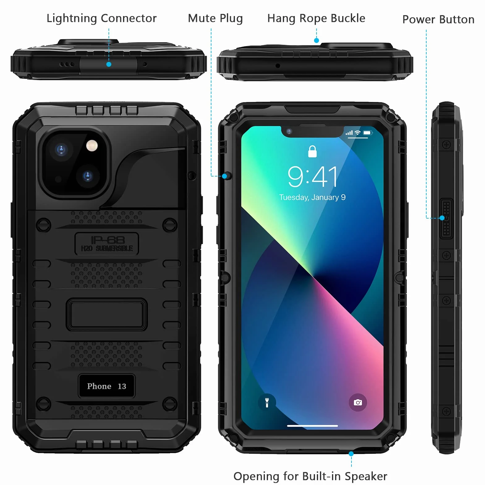 seacosmo Wodoodporne Etui Kompatybilne z iPhone 13 IP68, Wojskowa Ochrona Przeciwupadkowa 360°, Wzmocnione Etui Odporne na Wstrząsy Typu Heavy Duty do iPhone 13, Czarny