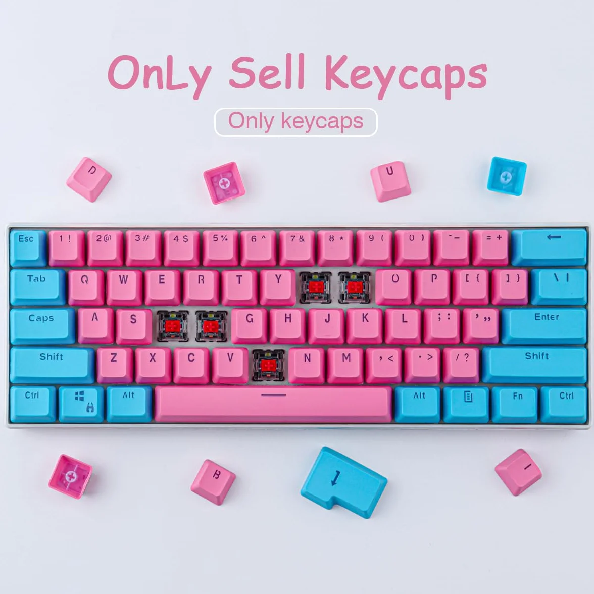 Sunzit Nasadki klawiszy, 61 klawiszy, podświetlenie dwukolorowa klawiatura mechaniczna PBT do klawiszy GH60 / RK61 / ALT61 / Annie / klawiatura poker (różowe i niebieskie)