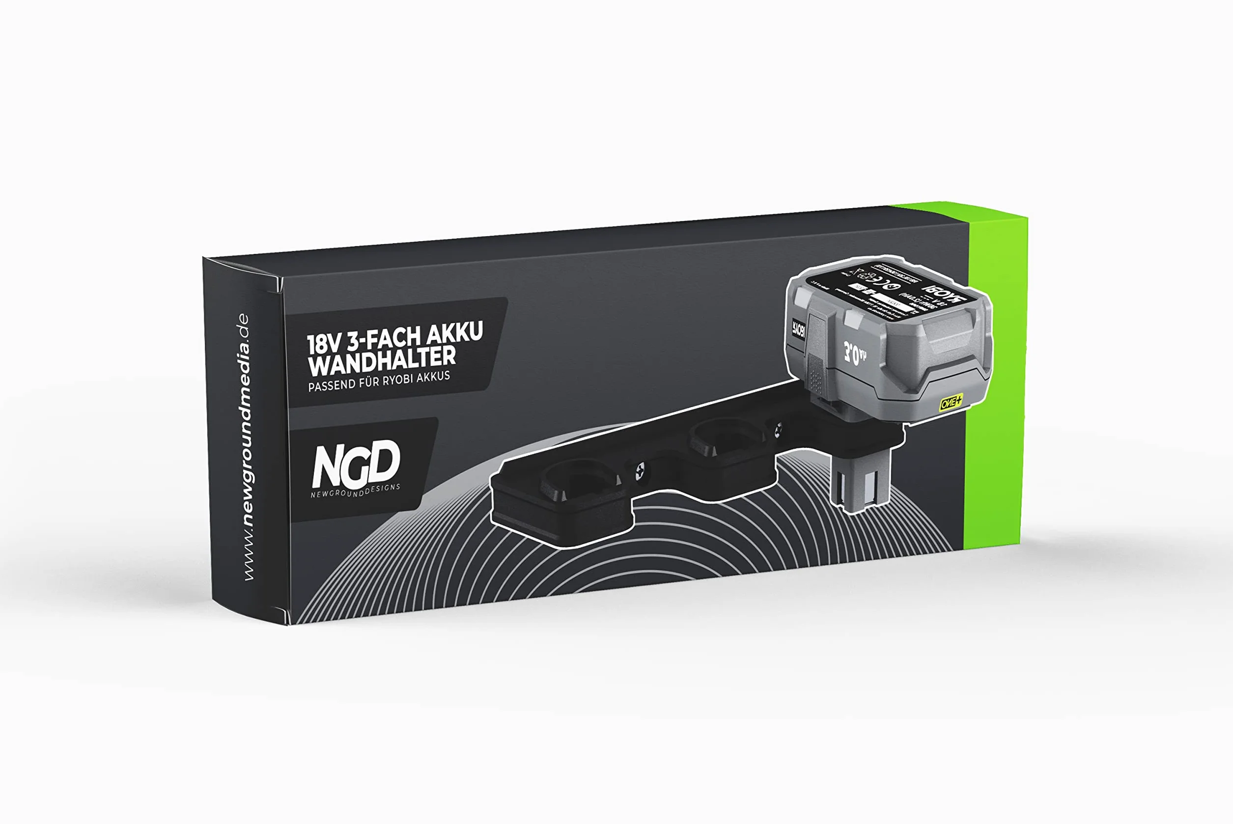 NewGround Designs Uchwyt ścienny do akumulatora pasuje do akumulatorów Ryobi 18 V One+, uchwyt akumulatorowy, uchwyt ścienny odpowiedni do 3 akumulatorów