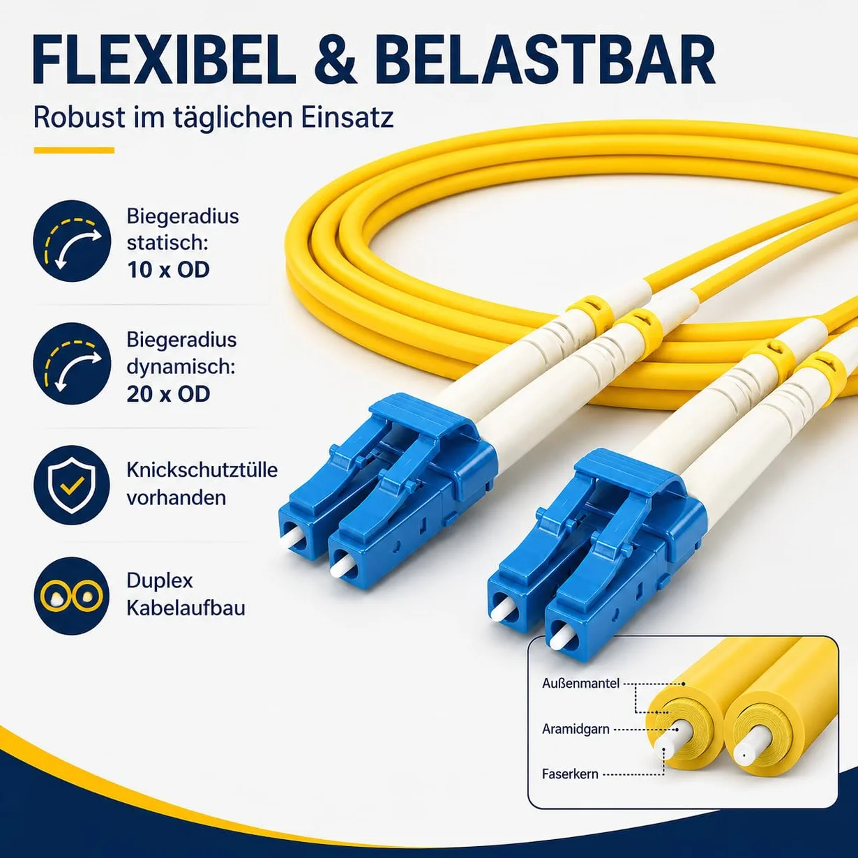 1aTTack.de 1 x 20 m OS1 / OS2 LWL DX DUPLEX kabel krosowy LC/UPC - LC/UPC SM SINGLEMODE - 9/125 µm LSZH żółty