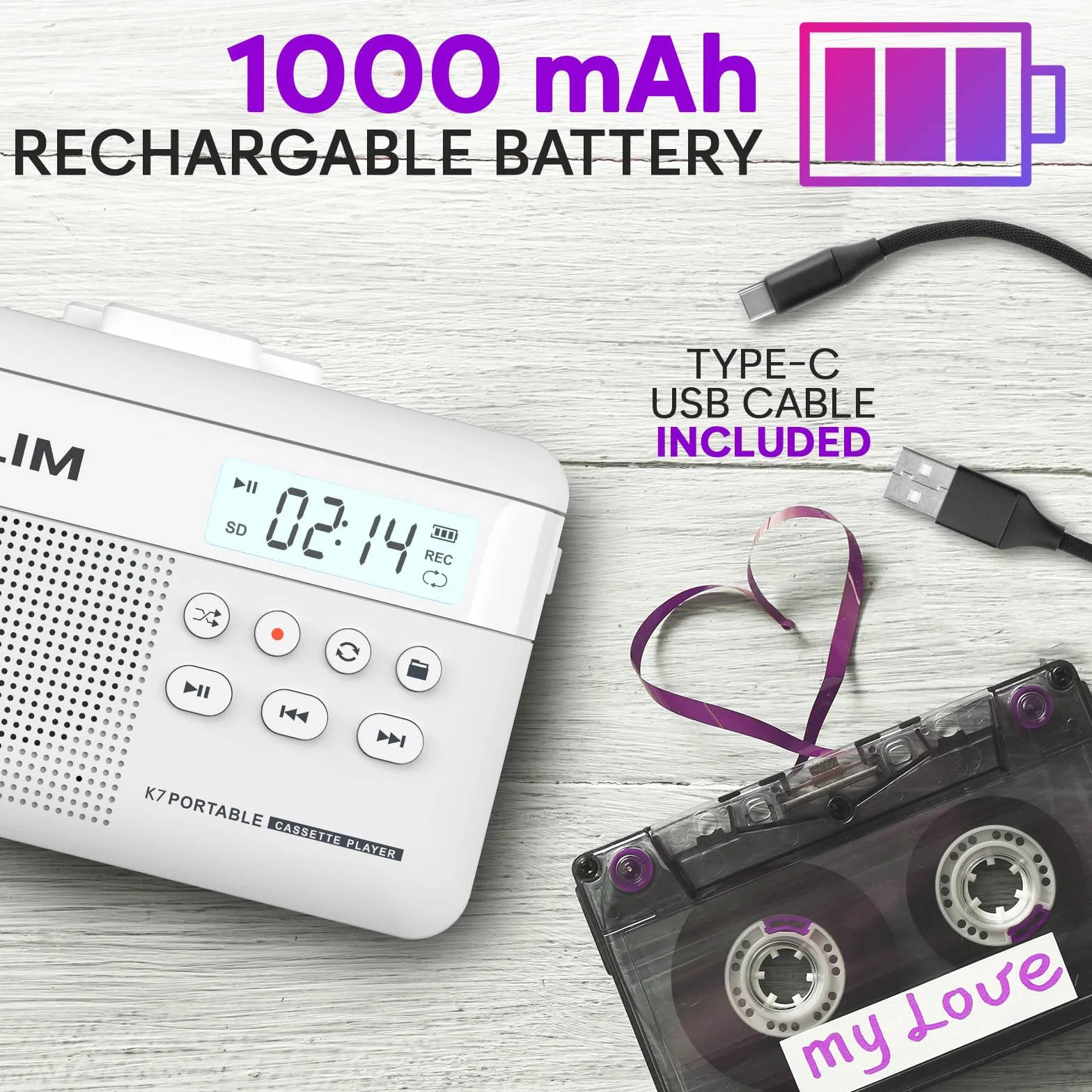 KLIM K7 Magnetofon kasetowy - konwerter kasety na MP3 - przenośny - wbudowany mikrofon i głośnik - akumulator - słuchawki - karta SD 16 GB - biały