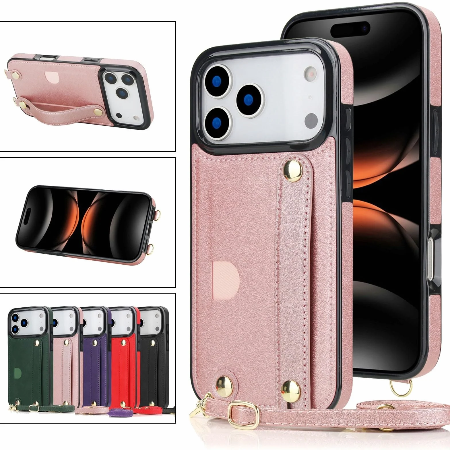 Generic etui kompatybilne z iPhone 15 Pro (kolor: czarny) przegródka na karty skórzana silikonowa tylna obudowa pokrowiec pasek na ramię