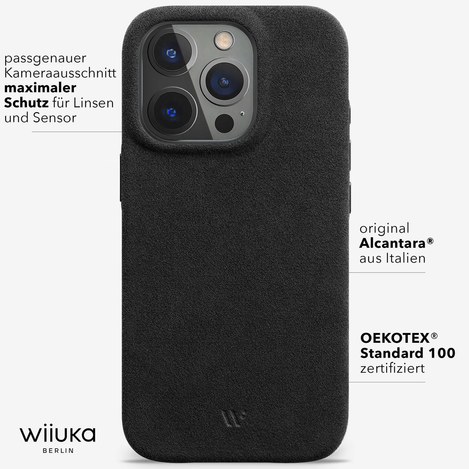 WIIUKA Etui do iPhone 15 Pro Max, oryginalne Alcantara®, ręcznie wykonane, bardzo cienkie, premium etui na telefon komórkowy, Case, Qi, alternatywa dla skóry, skiin Alcantara, czarne