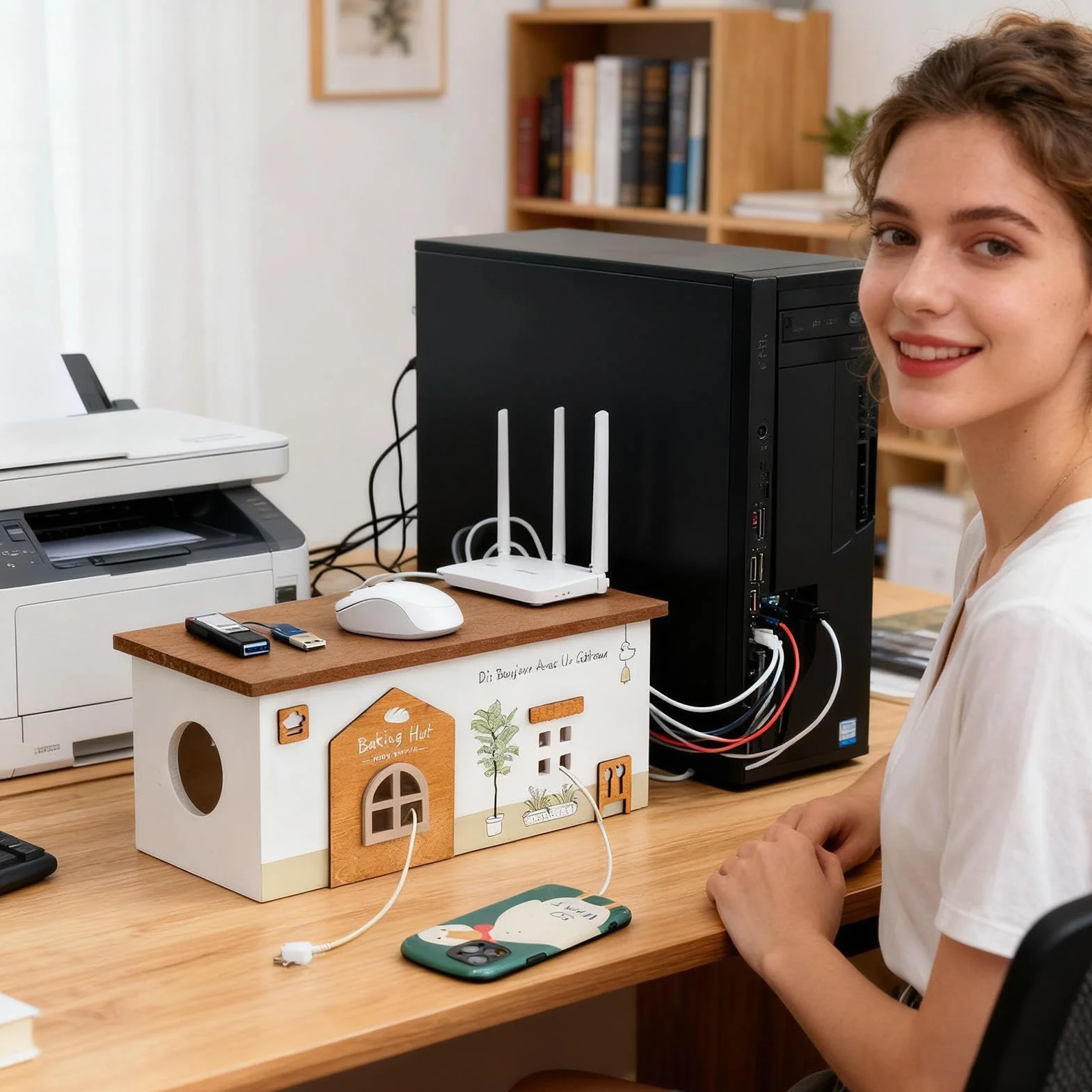 Organizer Przewodów Do Przechowywania Skrzynka W Drewnianej Chatki | Przechowywanie Kabli do Biurka Elektroniki Telefonu TV Podróży