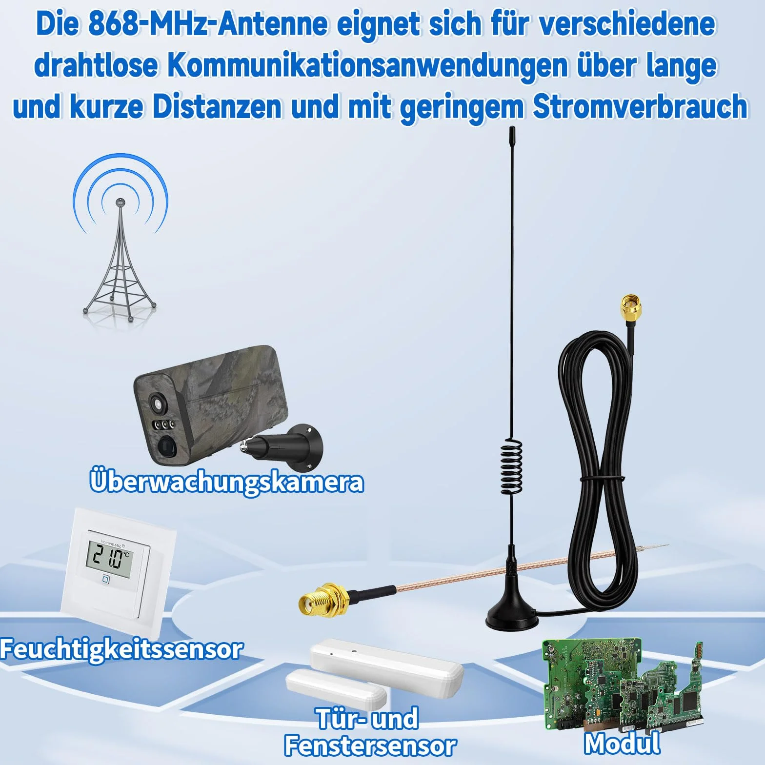 Eightwood Antena 868 MHz 848-888 MHz antena 5dBi SMA Pigtail SMA męskie złącze RG174 kabel koncentryczny 3 metry