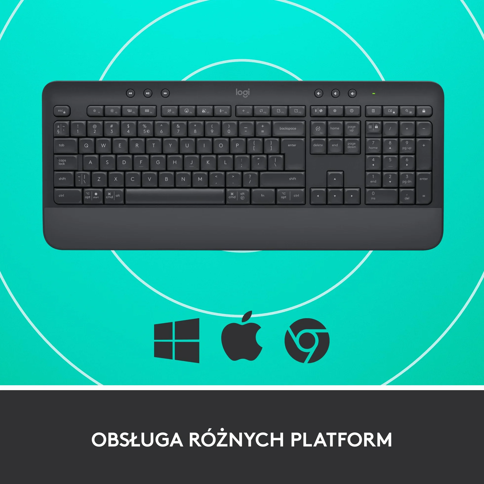 Logitech Signature K650 Klawiatura, Pełnowymiarowa, Bezprzewodowa Klawiatura z Podkładką, Bluetooth i USB Logi Bolt, Amortyzowane Klawisze, PC, Windows i Mac, QWERTY US international - Szary