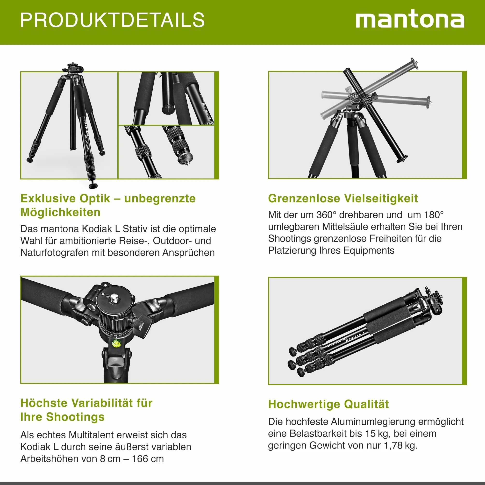 Mantona Kodiak L aluminiowy statyw fotograficzny, stabilny, profesjonalny statyw fotograficzny bez głowicy kulowej, obrotowa, obrotowa kolumna środkowa, kolce, 2. krótka kolumna środkowa, do