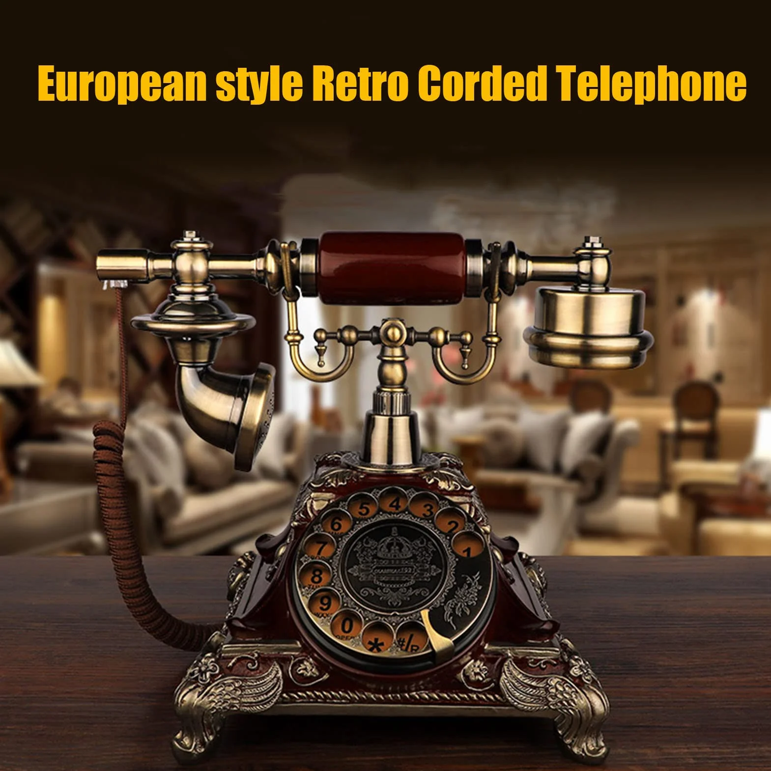 Antyczny telefon przewodowy z obrotową tarczą, klasyczny telefon stacjonarny, staromodny telefon stołowy do dekoracji biura domowego