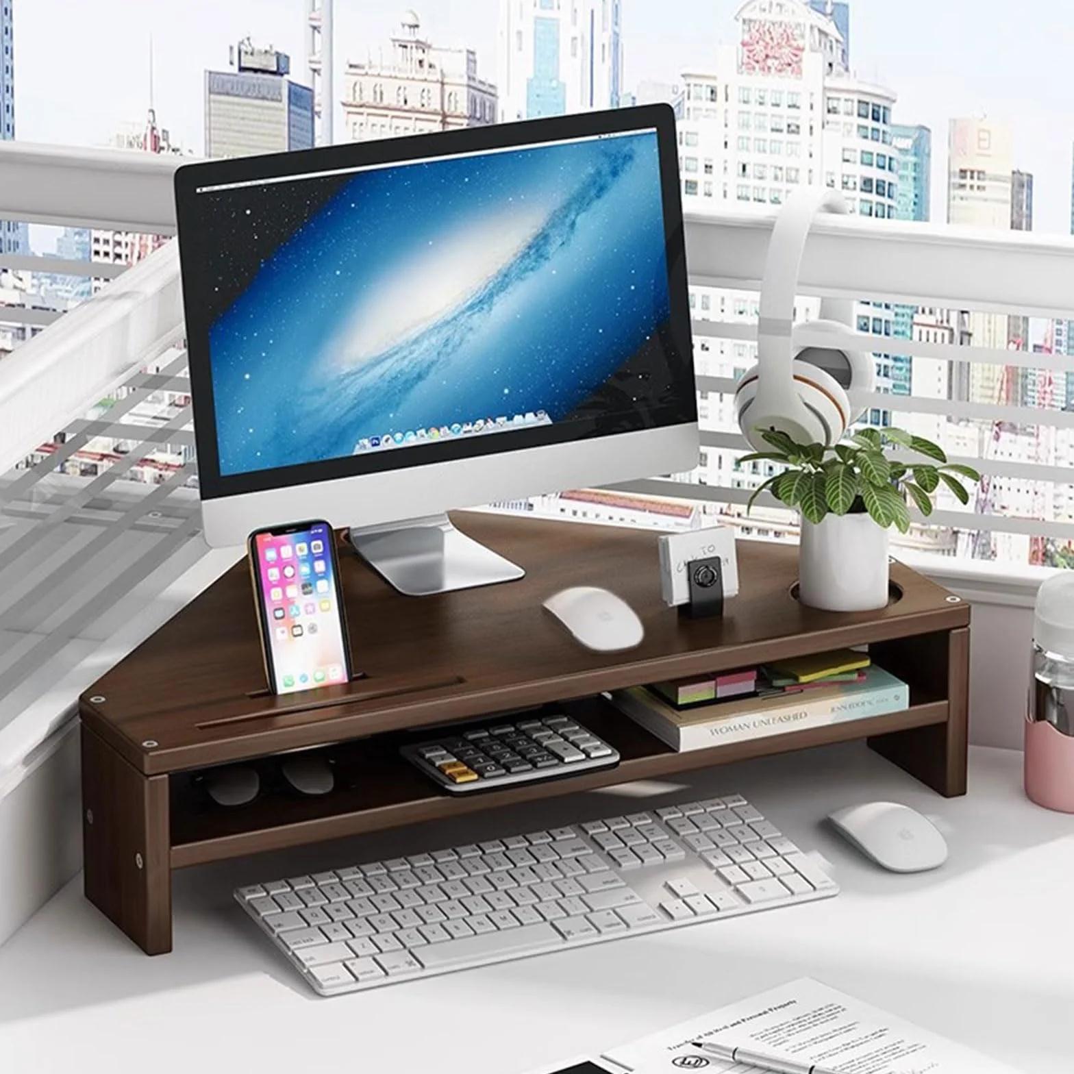 Monitoruj stojak z przechowywaniem 2-poziomowy stojak na monitor z zarządzaniem uchwytem telefonu i kablami Laptop Computer Desk Organizer Stand, For Home & Office,Walnut