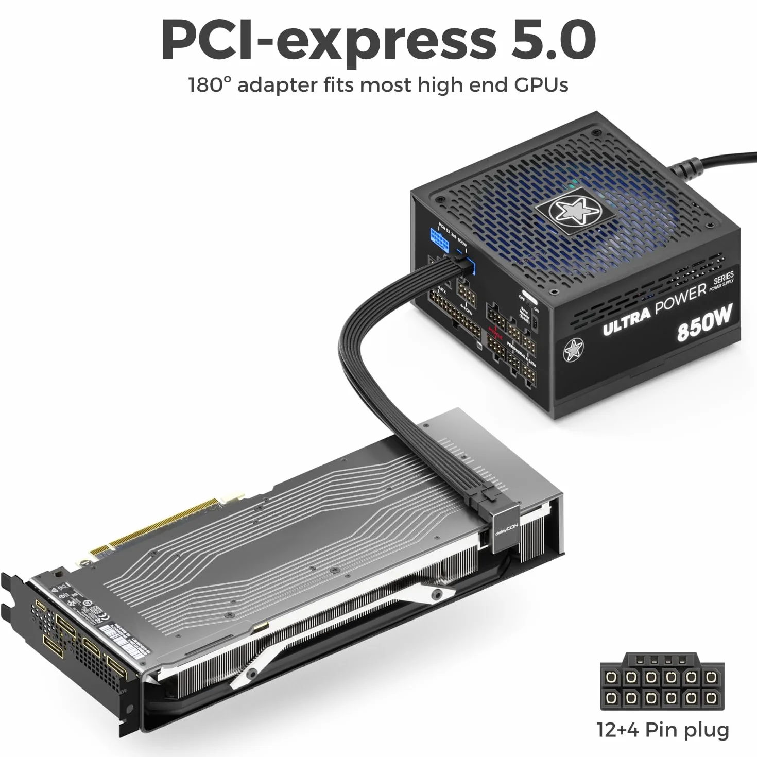 deleyCON Adapter PCI-e 5.0 Kątowy 180° 12+4 Pin 16-Pin Typ A do Kart Graficznych, do 600 W - Wtyk 12VHPWR PCIe - Kompatybilny z GPU