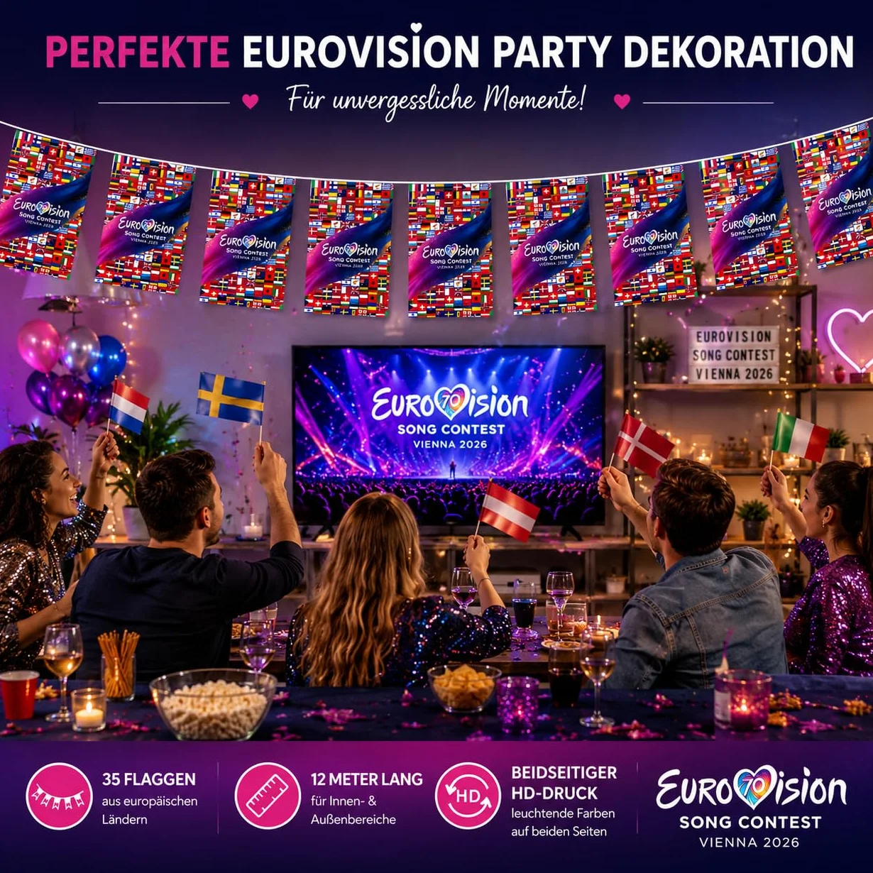 Eurovision 2026 łańcuch chorągiewek z flagą 35 narodowych flag HD dekoracja
