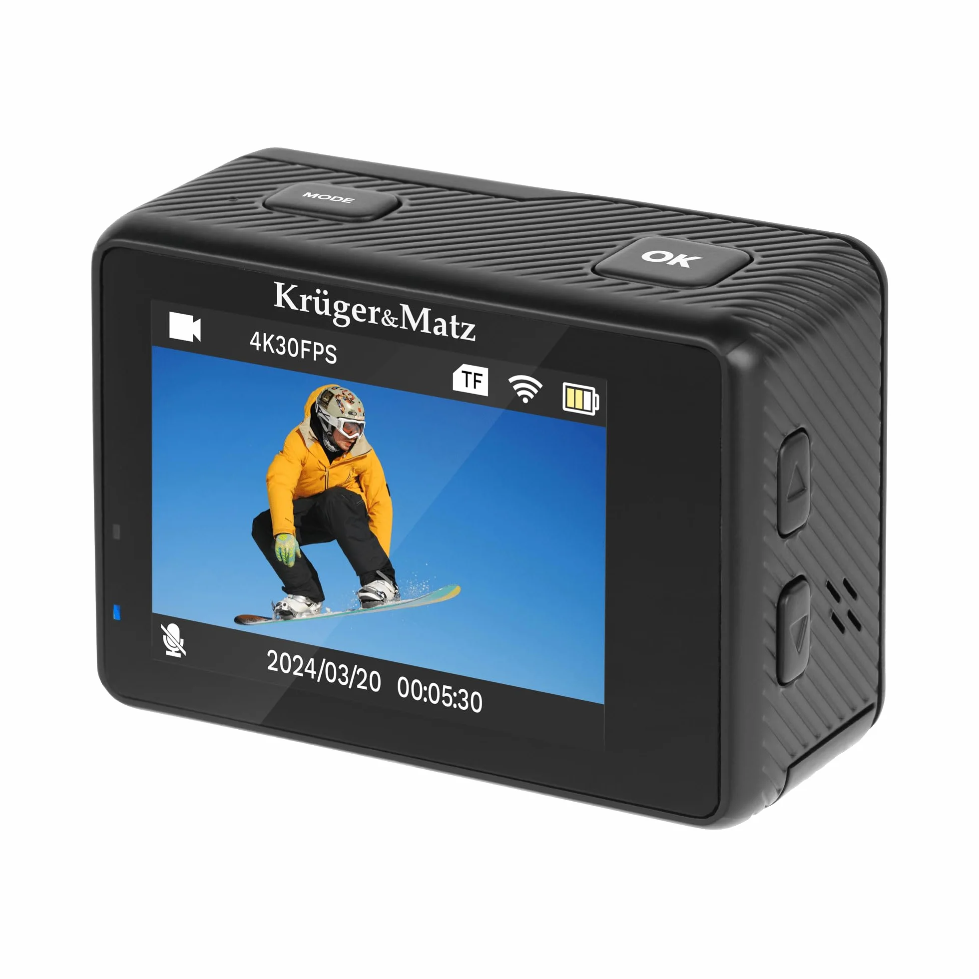 Krüger&Matz Kamera Sportowa 4K 60 FPS Vision P400 4 GB RAM Wyświetlacz 2” 320 x 240 px Wi-Fi Mikrofon Wodoszczelna Obudowa Slow Motion Nagrywanie Poklatkowe KM0292