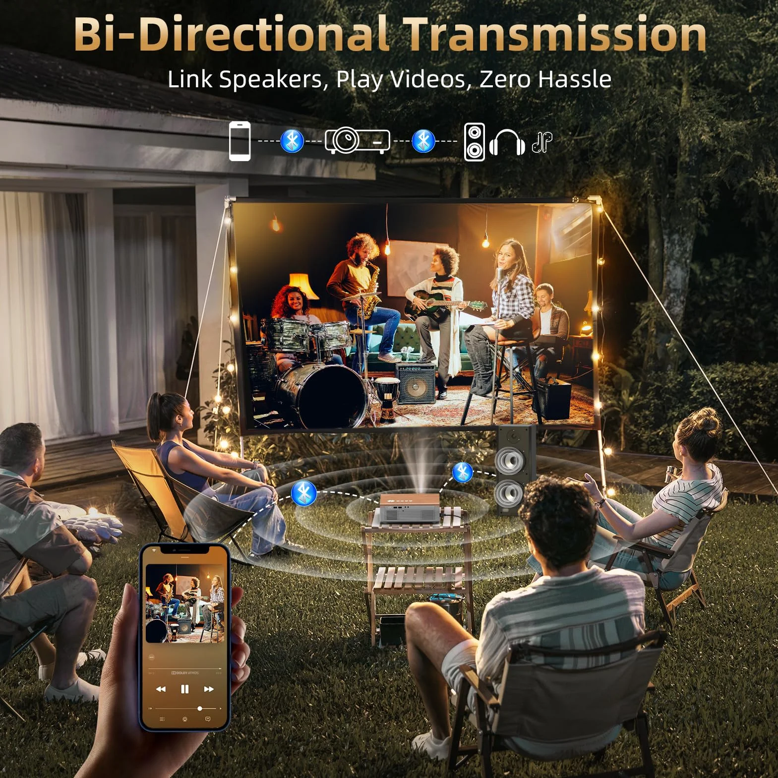 Elektryczny fokus/Auto 6D Keystone] Projektor FUDONI z WiFi6 i Bluetooth5.4, 800ANSI Native 1080P przenośny zewnętrzny projektor filmowy, Smart Home Proyector 4K, obsługa HDMI/USB/iOS/Android/TV