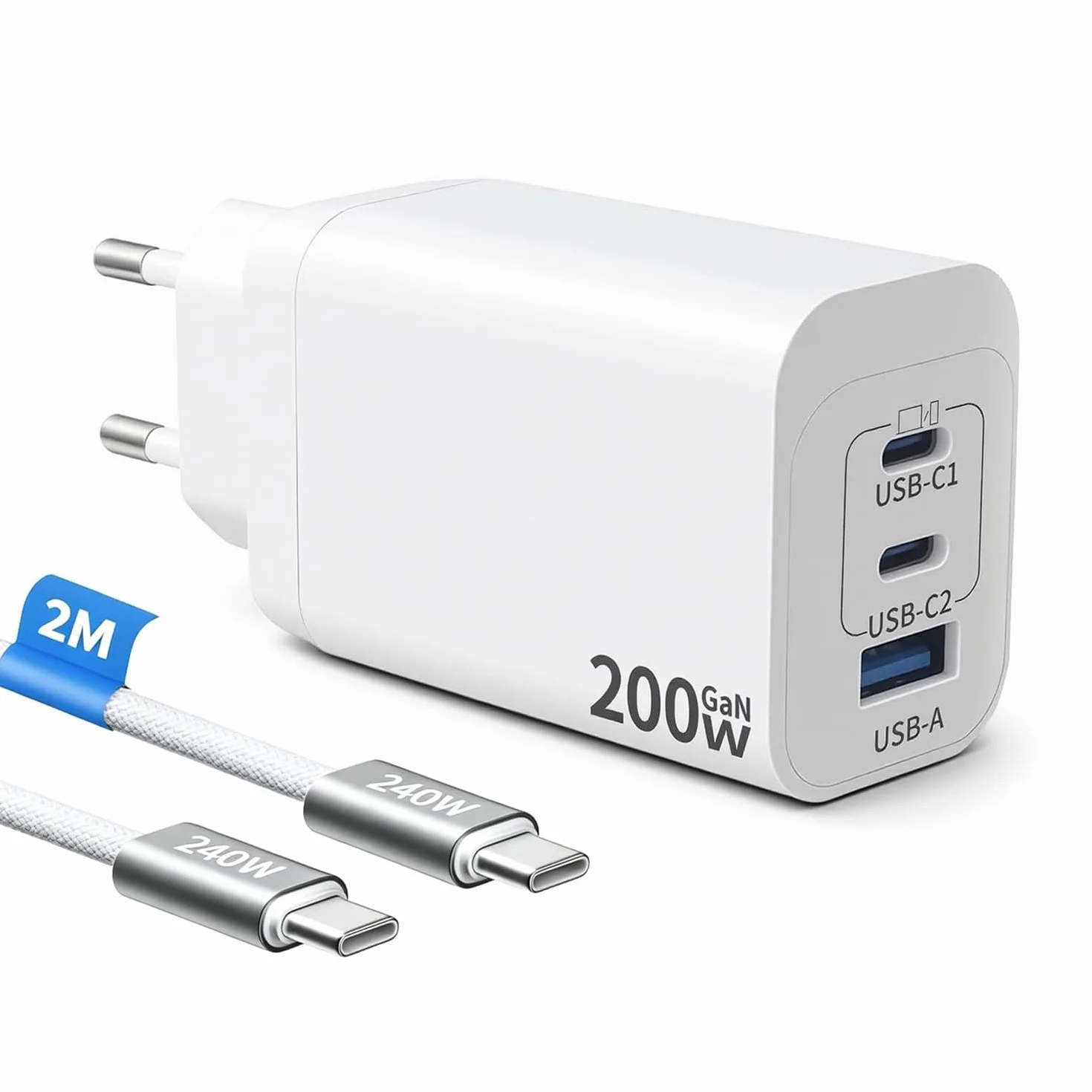 Ładowarka USB C 200 W, 3-portowa GaN Tech USB C, zasilacz PD+PPS, szybka ładowarka, ładowarka do laptopa, ładowarka do laptopa, adapter z kablem 2 m C-C, kompatybilna z MacBook Pro/iPhone 16 Pro Max