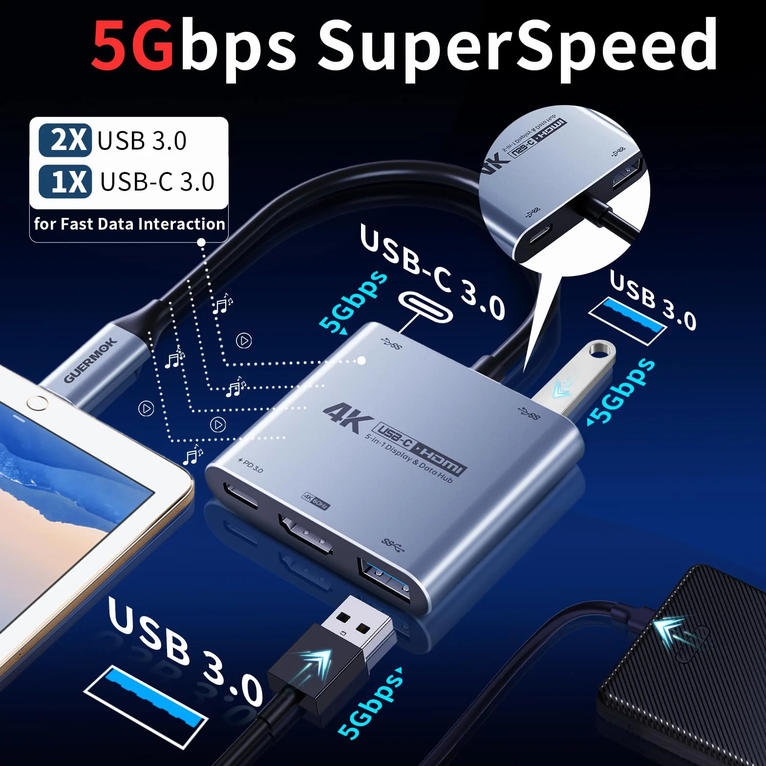 Guermok, Mobilna stacja dokująca USB-C, 4K60Hz, PD100W, 2×USB-A3.0, srebrny | Ładowanie podczas wyświetlania, TV mode, Obsługuje konsole przenośne, Plug & Play bez sterowników, monitory przenośne, PD100W