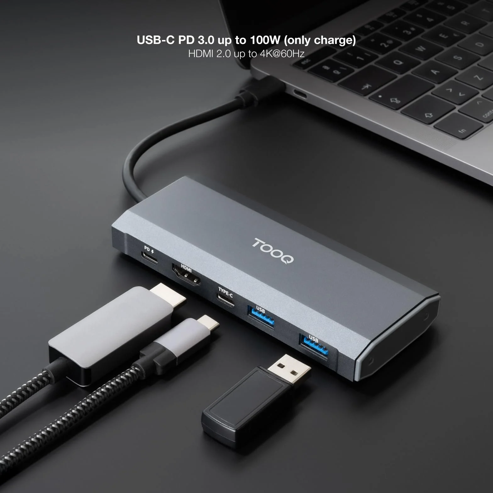 TOOQ TQE-2241G obudowa zewnętrzna do dysków SSD M.2 NGFF/NVMe + USB 3.2 Gen2 HUB z 1 x USB-C/PD + 2 x USB-A + USB-C + HDMI, szary