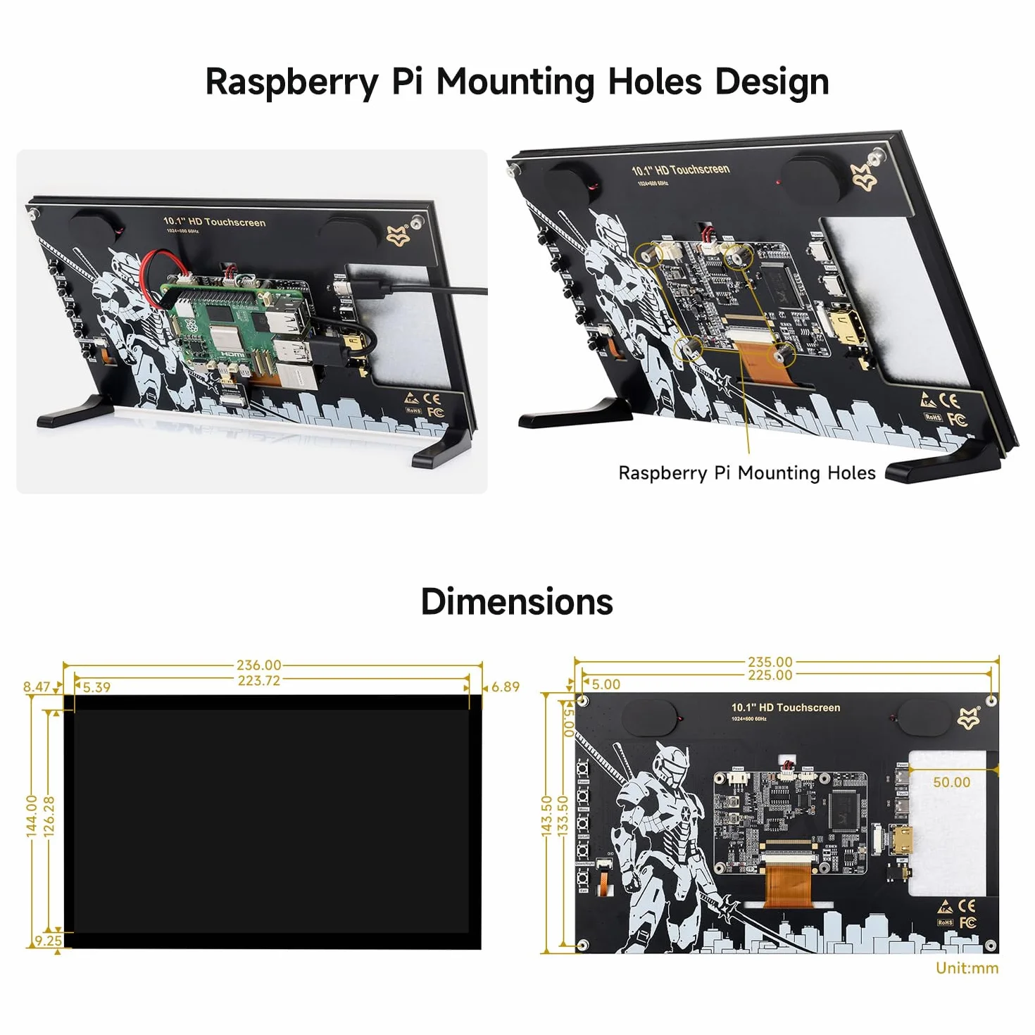 KLAYERS Ekran dotykowy do Raspberry Pi, przenośny monitor Plug & Play HDMI 1024 x 600 10,1 cala z podstawką, 10-punktowy ekran dotykowy LCD, głośniki dwutorowe, drugi laptop