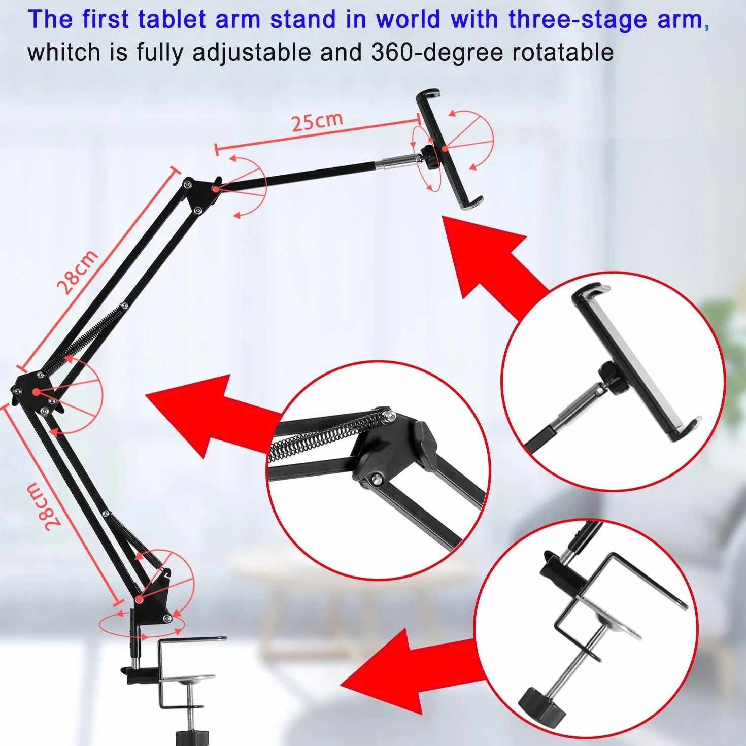 Regulowany stojak na tablet, składany stojak na tablet do łóżka, aluminiowy, uniwersalny, elastyczny uchwyt na tablet z obrotem o 360 stopni, do iPada/iPhoneX/iPada Pro/N-Switch lub innych urządzeń o