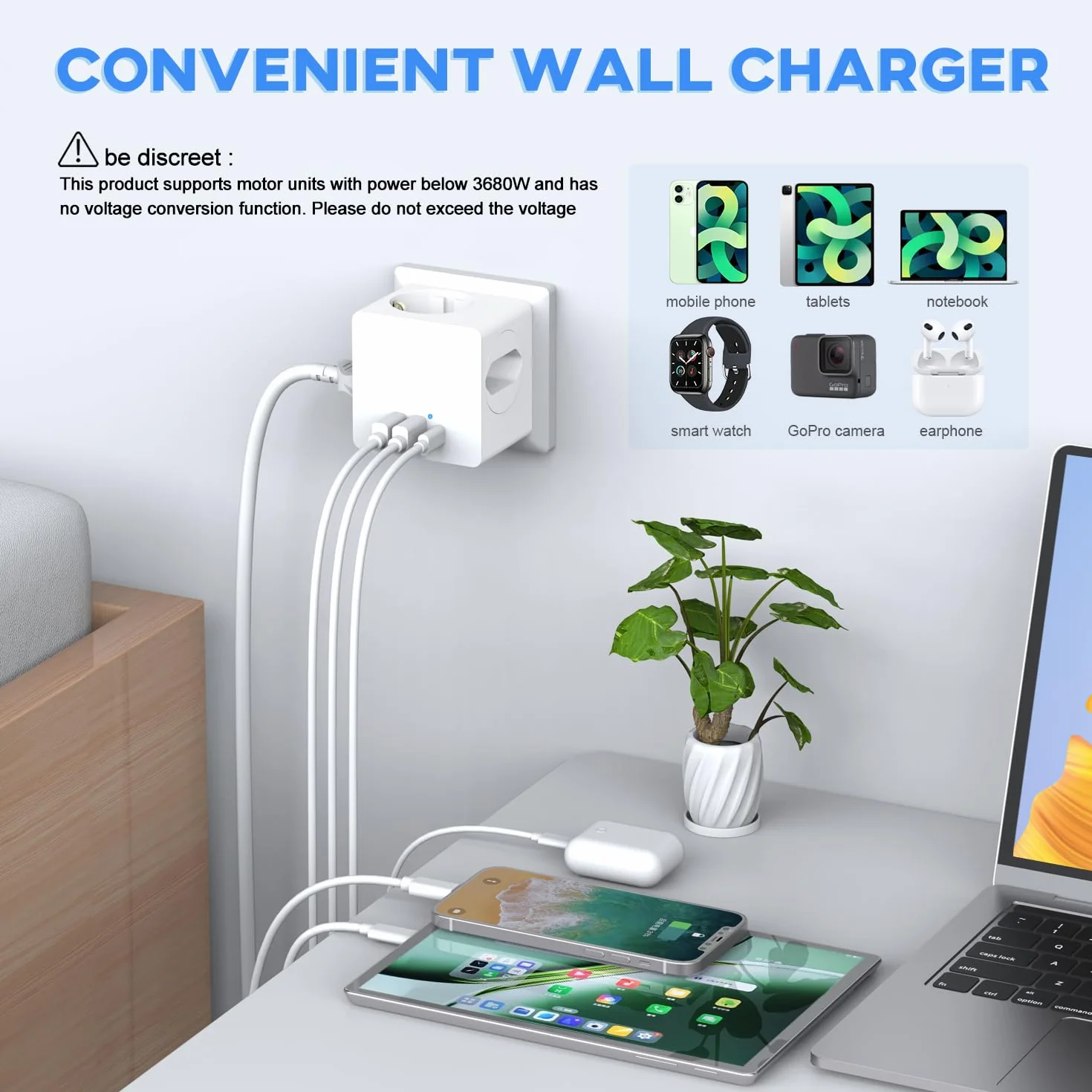 Kostka do gniazdka, podwójna wtyczka do gniazdka, adapter z 2 USB A i 1 USB C 6 w 1, gniazdo wielokrotne USB 3680 W, kolor biały
