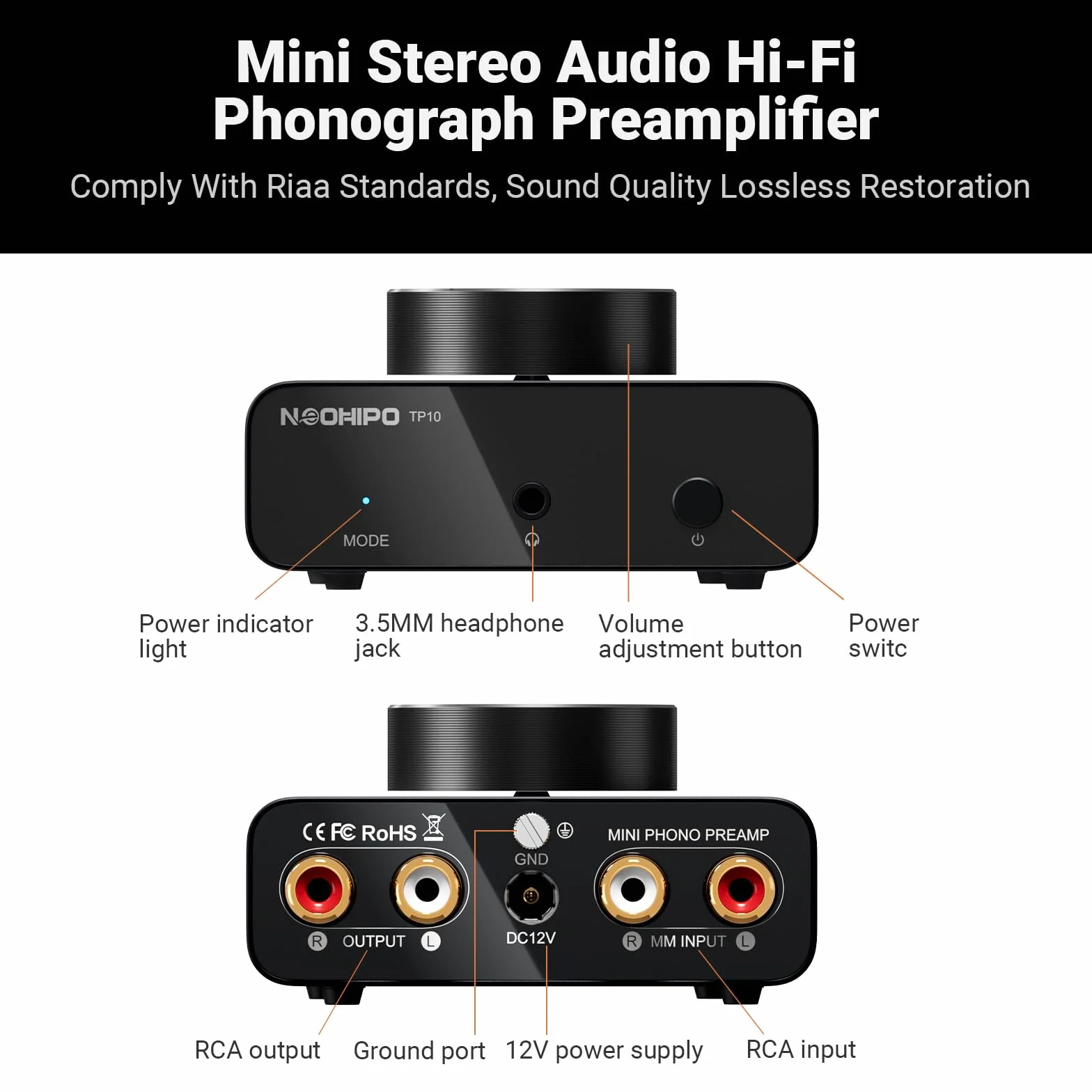 TP10 przedwzmacniacz gramofonowy do gramofonu, przedwzmacniacz stereo audio Hi-Fi z wejściem RCA, wyjściem RCA/3,5 mm i niskim poziomem hałasu, zasilany zasilaczem DC 12 V