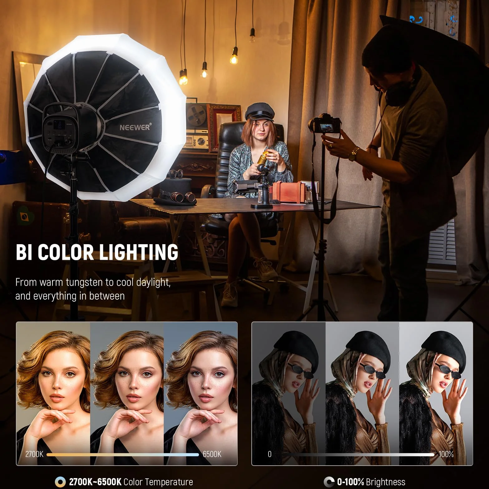 NEEWER CB120B lampa wideo LED 120 W ze sterowaniem aplikacją 2,4 G, COB, dwukolorowa, 2700 K – 6500 K, 78000 luksów przy 1 m/CCT / CRI97/12 scen/uchwyt Bowens, światło ciągłe do fotografii