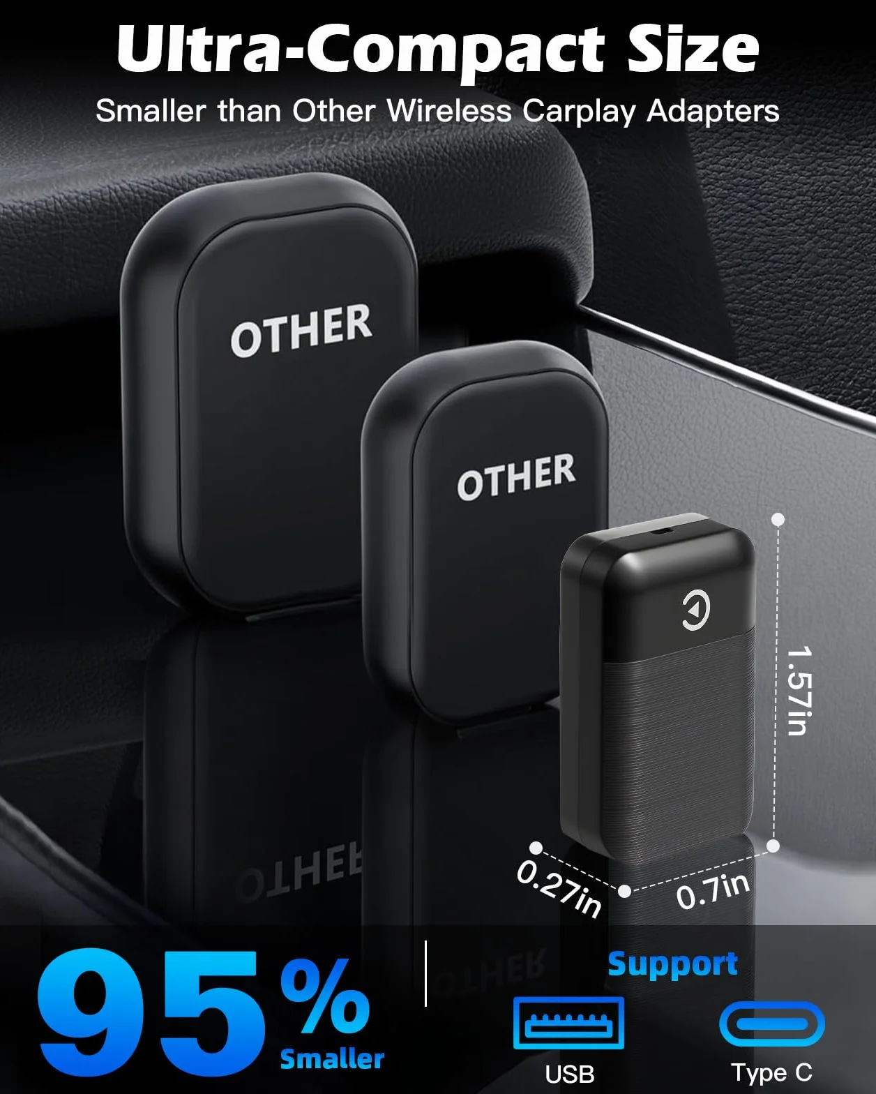 Lullu Bezprzewodowy adapter Carplay 2026, kompatybilny z iPhone iOS 10+ | Ulepszony konwertuje przewodowy na bezprzewodowy, USB/typ C, Plug & Play, Bluetooth Mini Carplay Stick i Auto 2016+