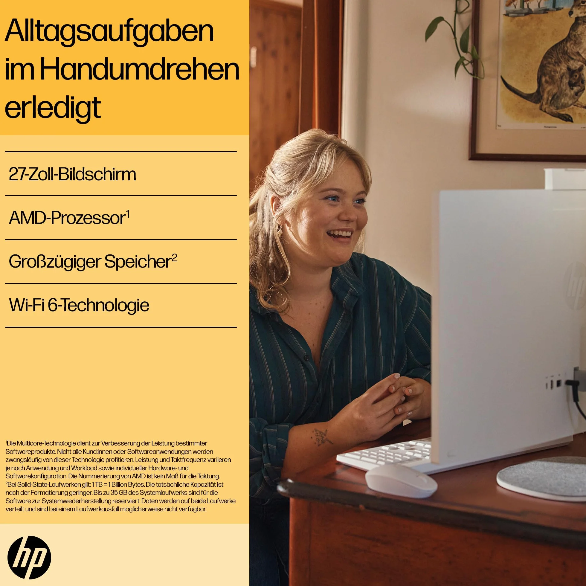 HP Komputer stacjonarny All-in-One, wyświetlacz FHD 27", AMD Ryzen 5 7520U, 16 GB DDR5 RAM, 1 TB SSD, jednostka graficzna AMD Radeon, Windows 11 Home, QWERTZ, biały, [dostępny w Amazon]