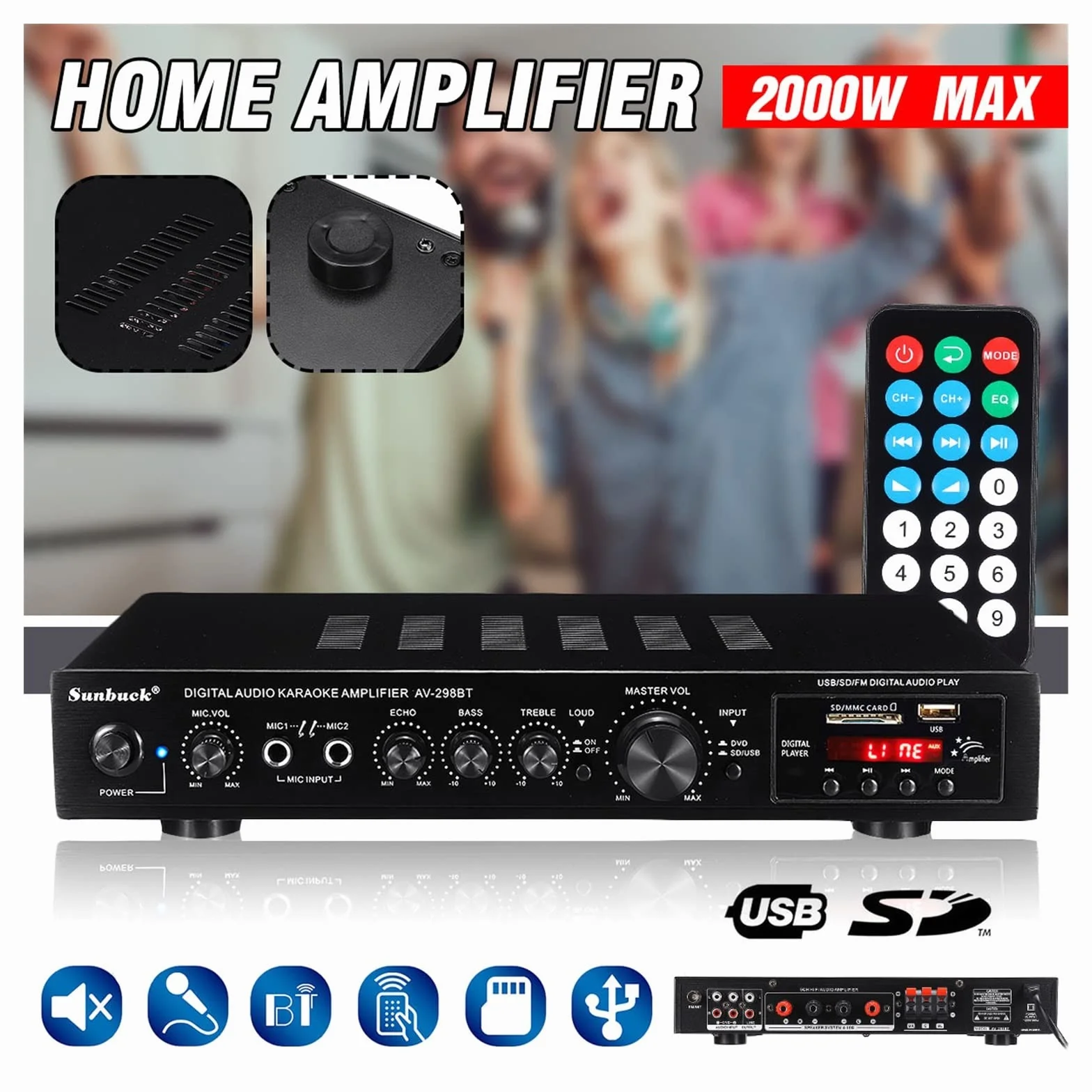 Wzmacniacz audio, Wzmacniacz cyfrowy 2000W Stereo LED USB AV Power Surround Amplificador wysokiej rozdzielczości odtwarzacz Subwoofer, do domu lub samochodu