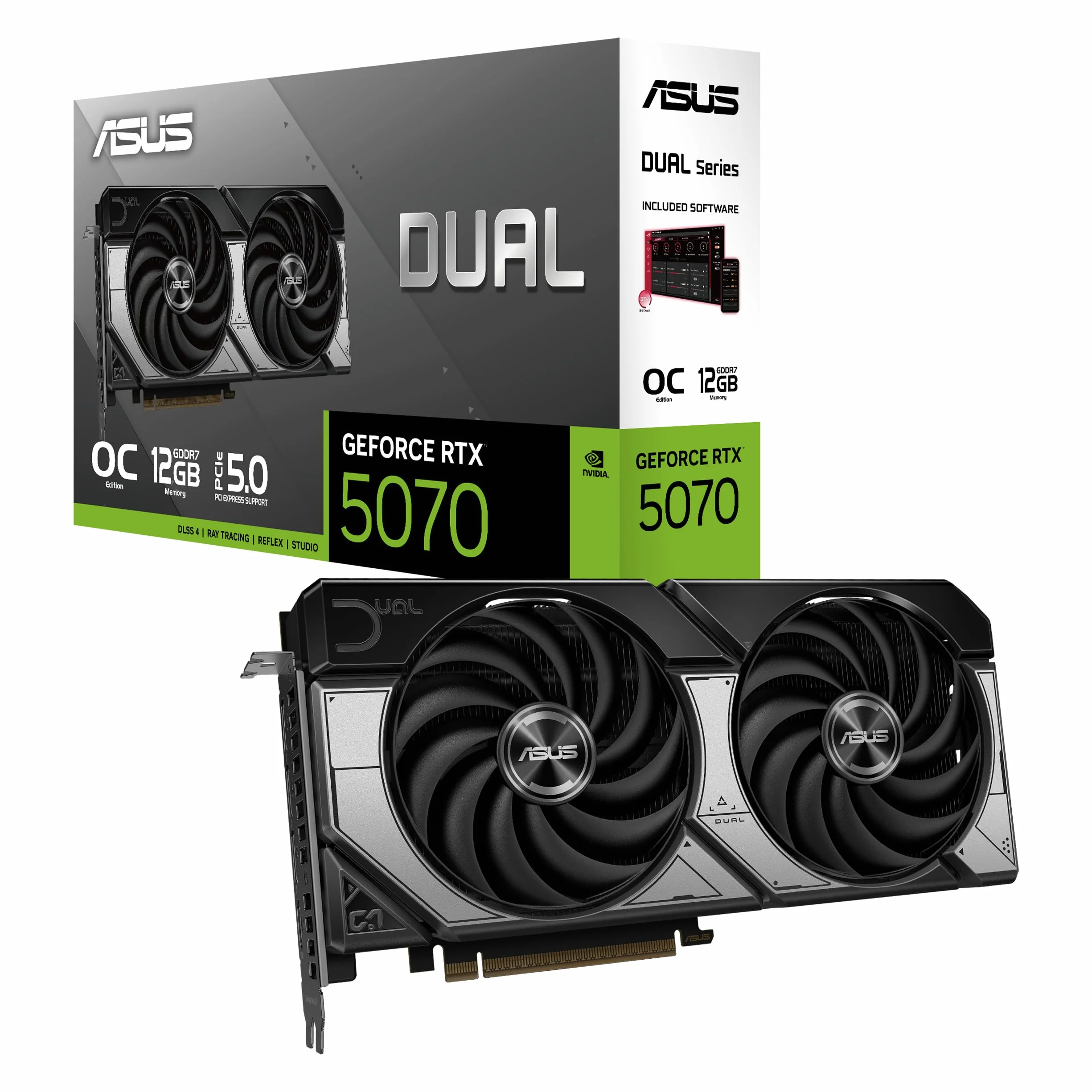 ASUS Dual NVIDIA GeForce RTX 5070 OC Edition, karta graficzna 12 GB GDDR7, 192 bity, PCIe 5.0, 2 wentylatory Axial-Tech, 1 HDMI 2.1, 3 DisplayPort 2.1, GPU Tweak III, biały, DUAL-RTX5070-O12G