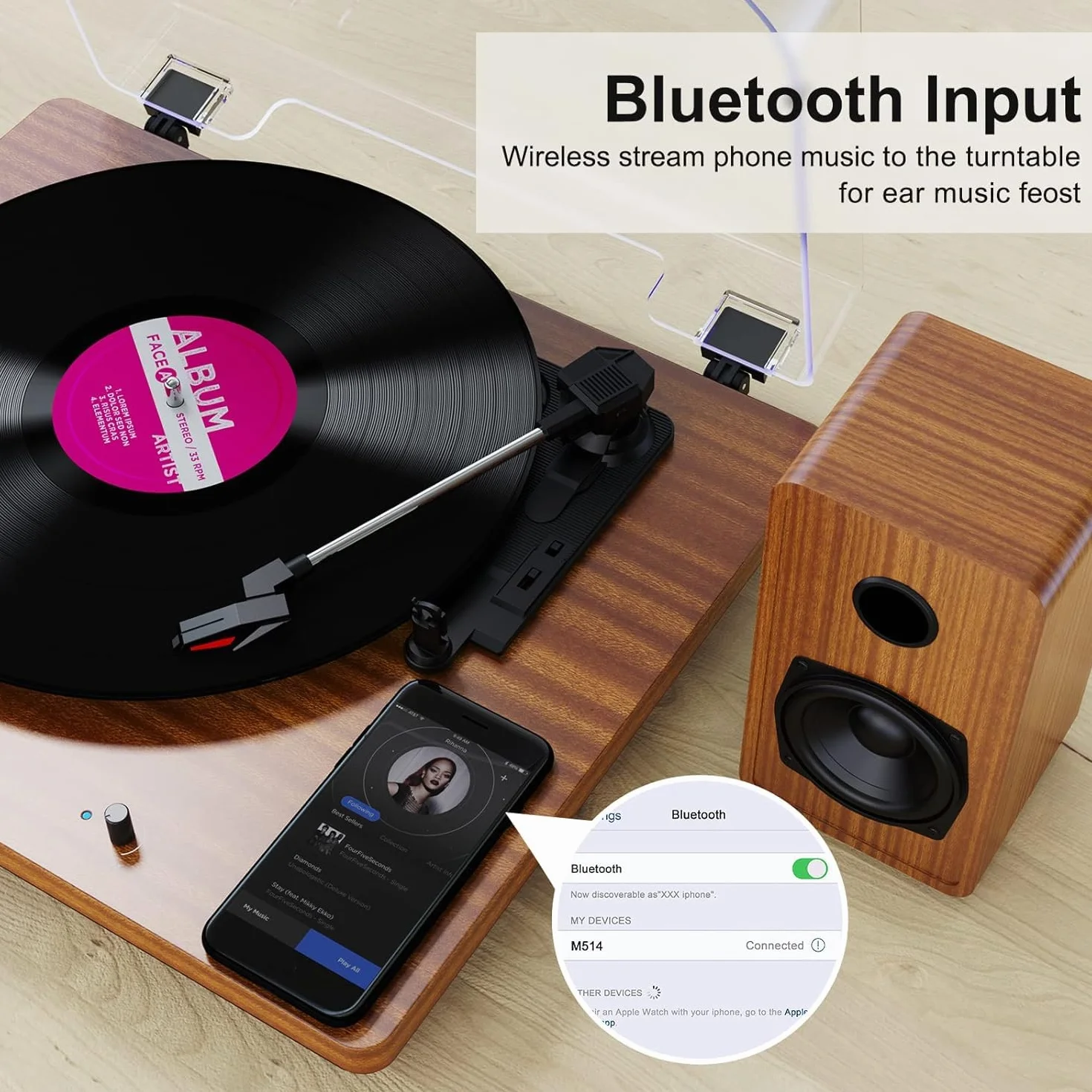 Gramofon winylowy Bluetooth z głośnikami stereo i USB, wyjście odtwarzacza na RCA, gramofon w kolorze drewna do rozrywki domowej