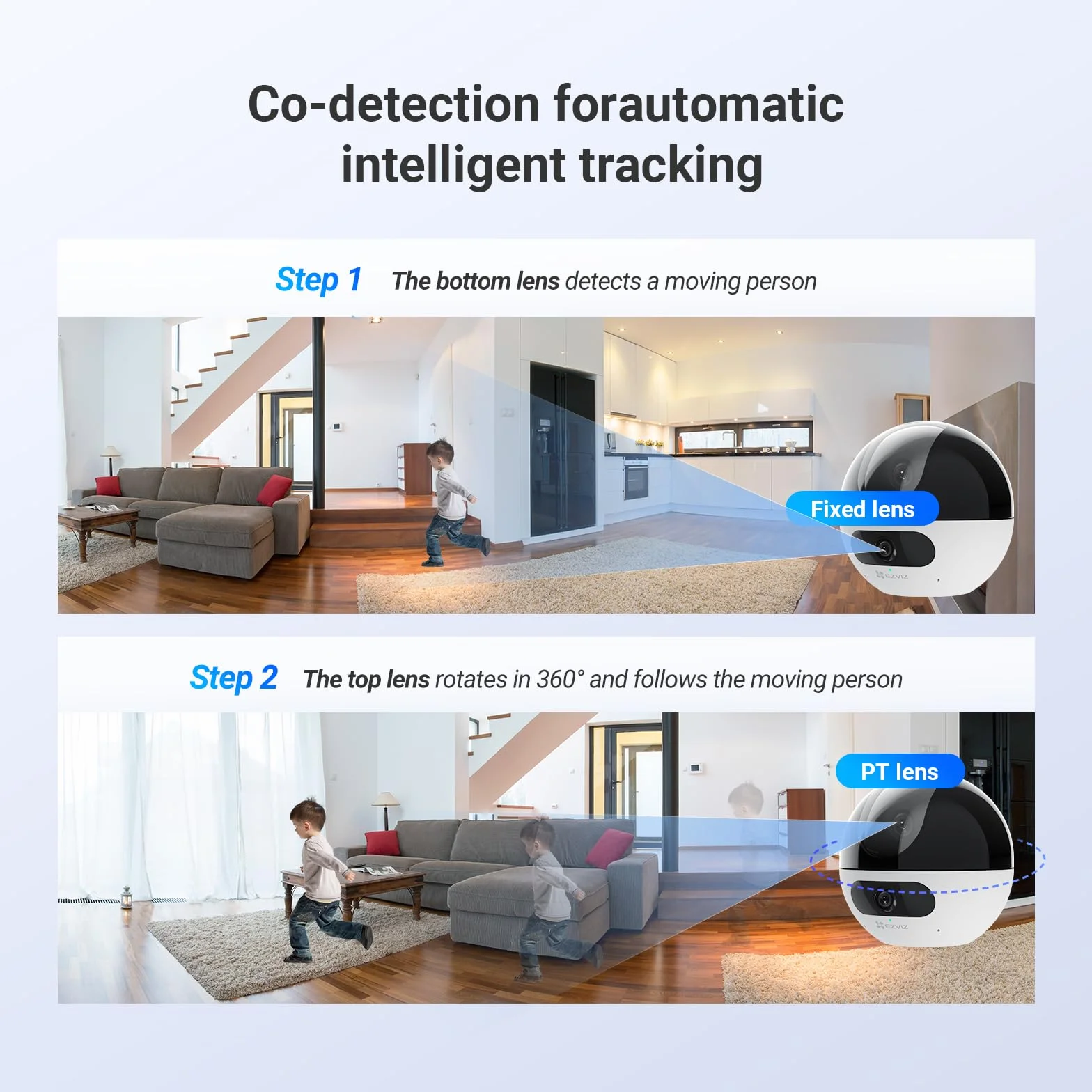EZVIZ C7 Wewnętrzna Kamera Monitorująca WiFi 360° z Podwójnym Obiektywem 4MP+4MP, Automatyczne Śledzenie, Wykrywanie Osób/Zwierząt, Dwukierunkowy Dźwięk, Widzenie Nocne 10m, Tryb Patrolu/Prywatność