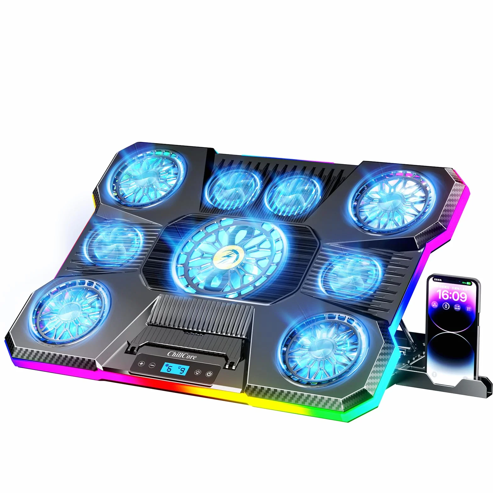 ChillCore Podkładka chłodząca do laptopa, światła RGB, chłodziarka do laptopa, 11 wentylatorów, do laptopów o przekątnej ekranu 15,6–19,3 cala, wentylator do gier, z 8 wysokimi stojakami, 2 portami
