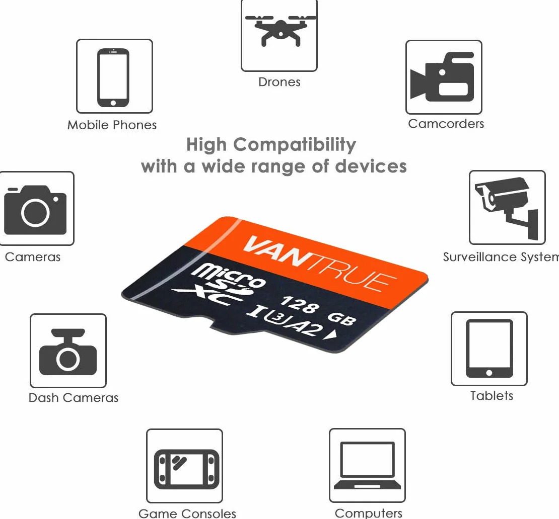 VANTRUE Karta pamięci microSD UHS-I U3 A2 4K, 128 GB, adapter kompatybilny z kamerą pokładową, smartfonem, tabletem, kamerą akcji i kamerą monitorującą (128 GB)