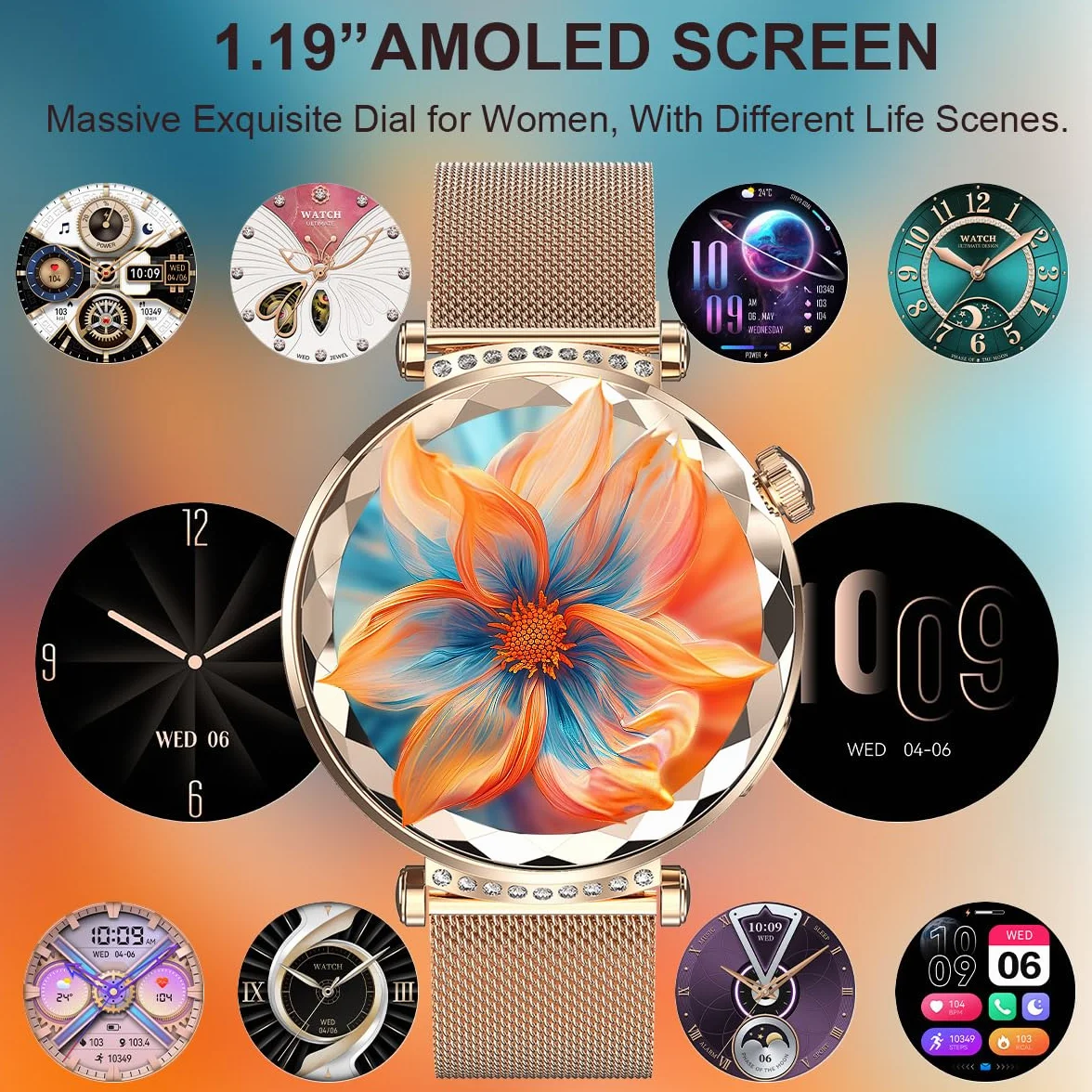 Inteligentny zegarek dla kobiet, monitor aktywności z systemem Android/iOS, 3.0 cm AMOLED z cyklem żeńskim, pulsometrem, monitorowaniem snu, śledzeniem aktywności (2 paski do zegarków), złoty