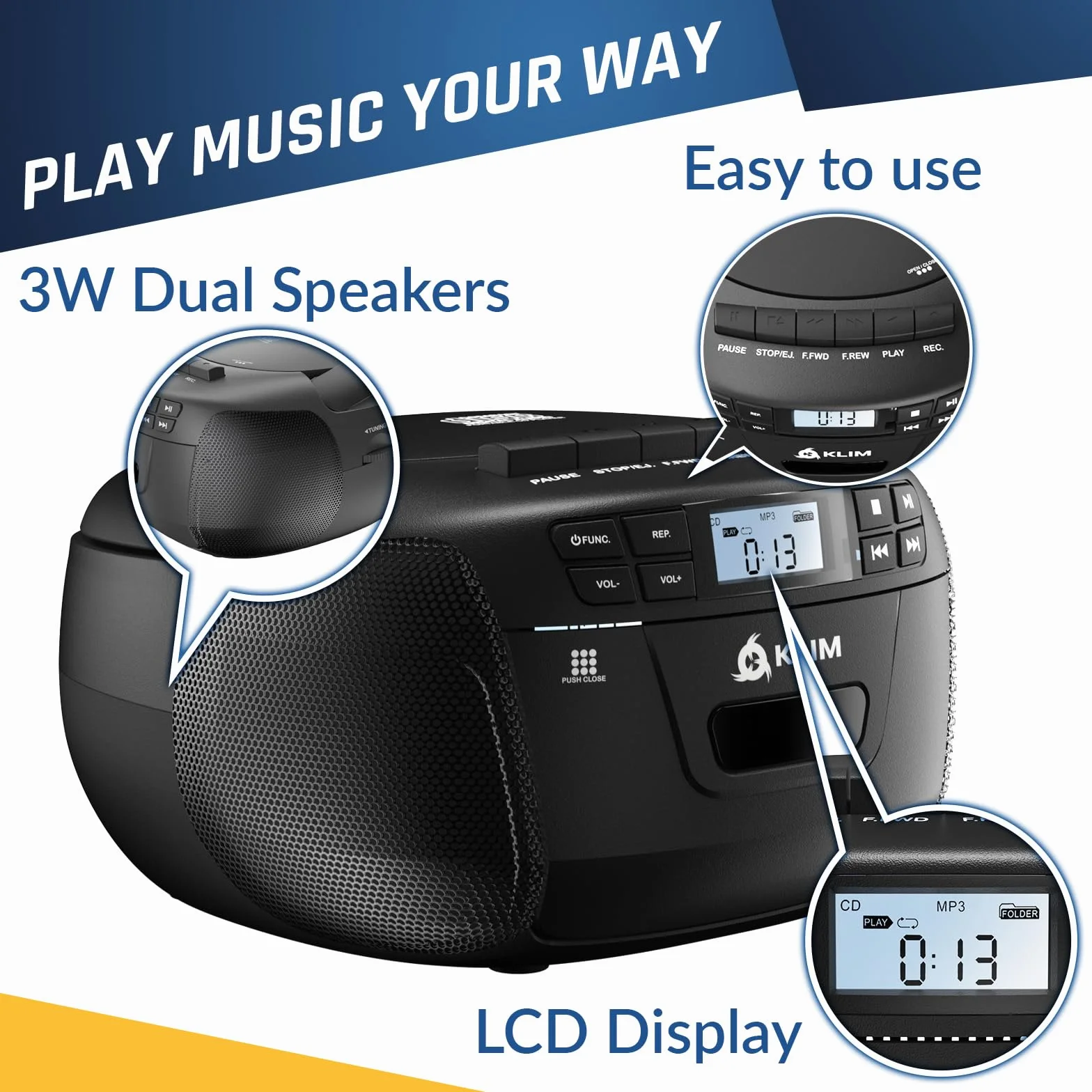 KLIM Odtwarzacz CD i magnetofon z obudową, AM/FM Radio CD, Bluetooth, Stereo, Pilot zdalnego sterowania, Nagrywanie kaset, USB, AUX
