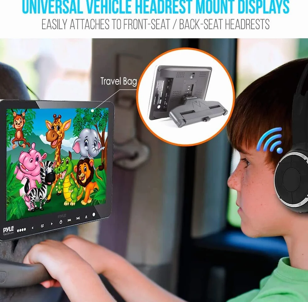 Pyle Podwójny odtwarzacz DVD na zagłówek samochodowy 9,4", multimedialny wyświetlacz LCD z bezprzewodowymi słuchawkami, HDMI, USB/SD, odtwarzacz CD/DVD, uniwersalny uchwyt i pilot zdalnego sterowania