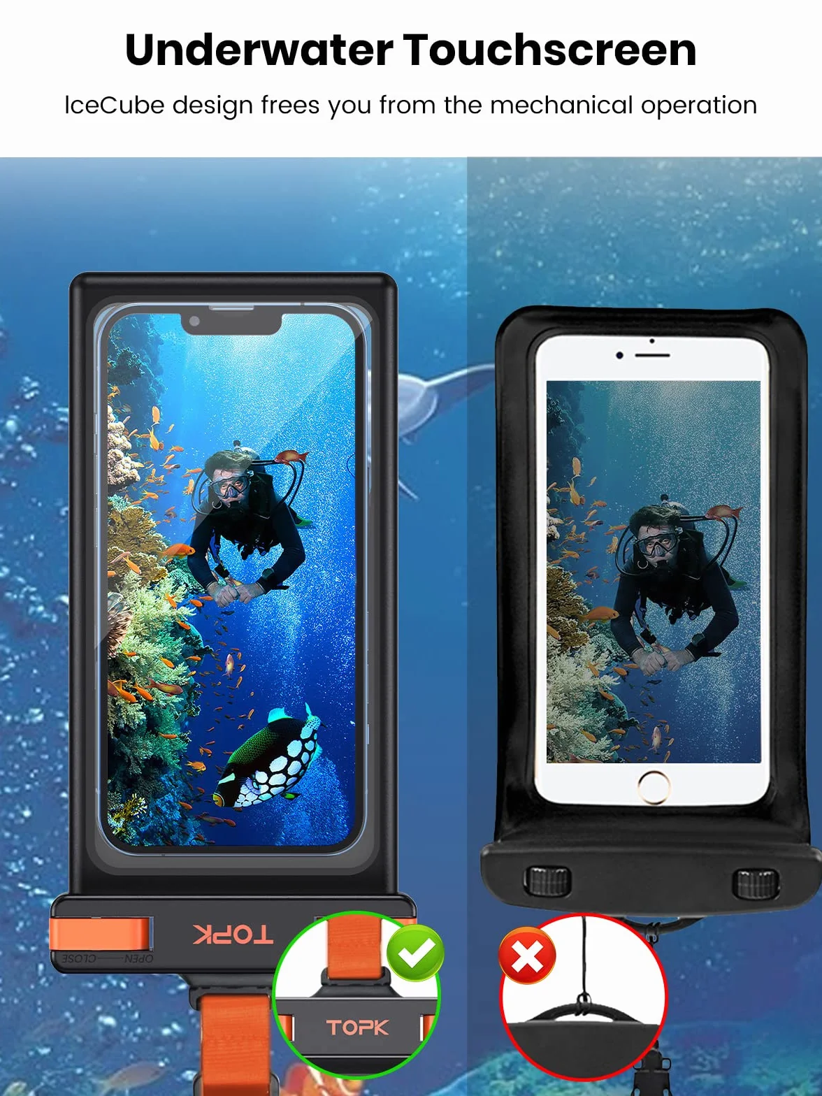 TOPK Wodoodporne etui na telefon, wodoodporność IPX8, kompatybilne z iPhone’em 14, 13, 12, 11, Pro, Max, Xs, Plus, Samsung Galaxy S22, kolor czarny, 2-pak