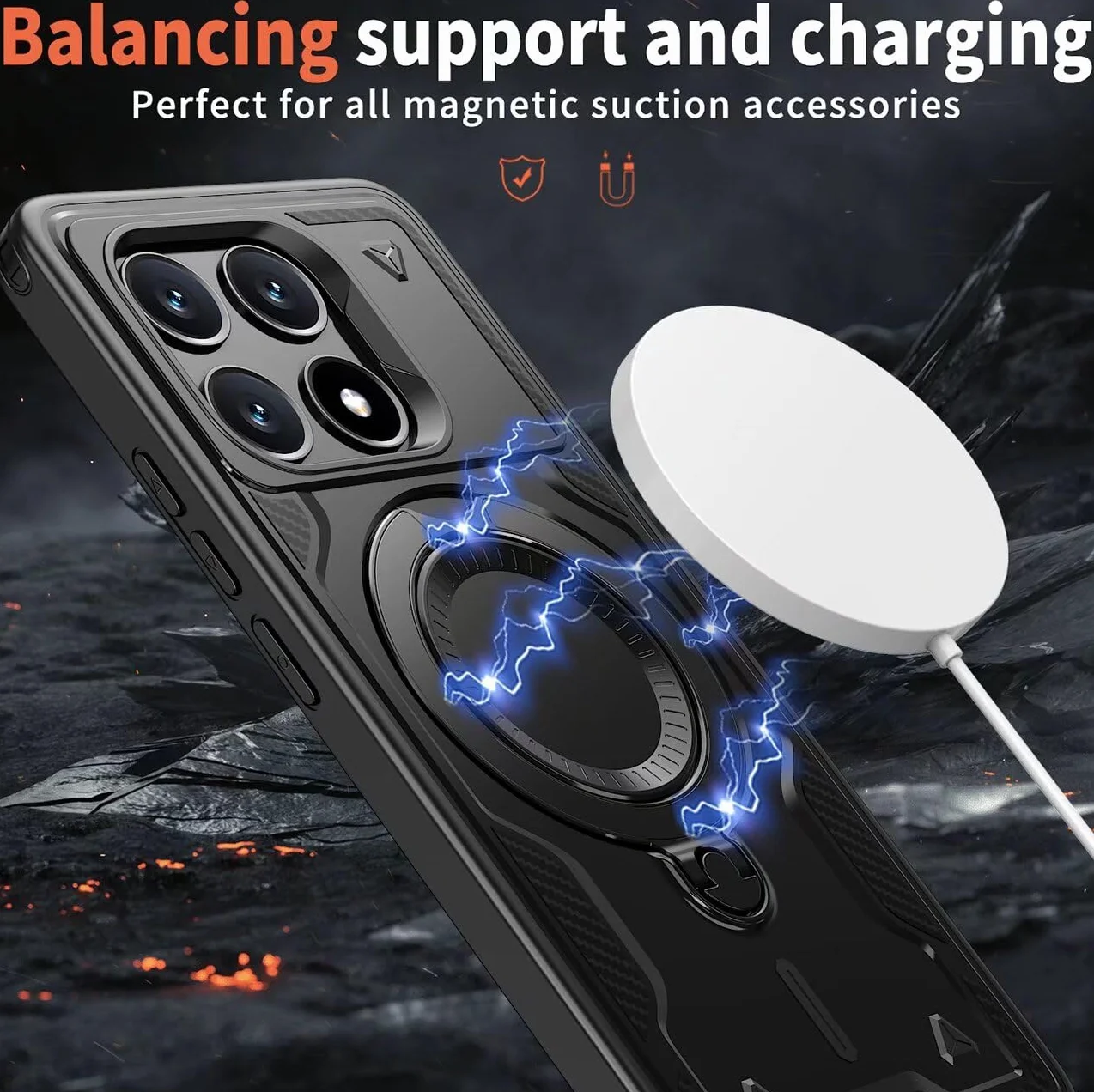 Etui na Xiaomi Poco X6 Pro 5G ze szkłem hartowanym*2, etui ochronne na smartfona z obrotowym pierścieniem - Odporny na wstrząsy czarny zderzak