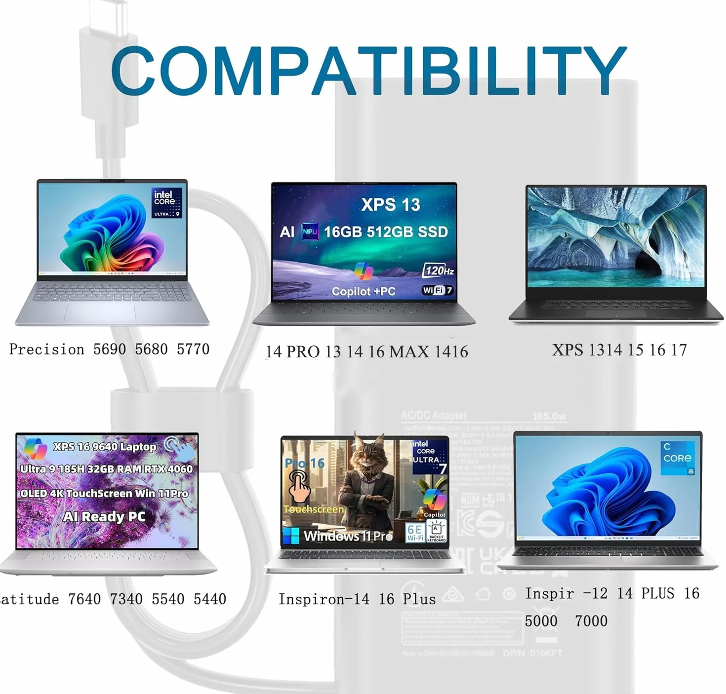 165W USBC ładowarka do Dell Precision 5690 5680 3581 3580 XPS 17 9720 9730 | Latitude 7640 7340 5540 5440 Inspiron-14 16 Plus 7640 7430 Pro Rugged Laptop DA165PM210 zasilacz sieciowy adapter