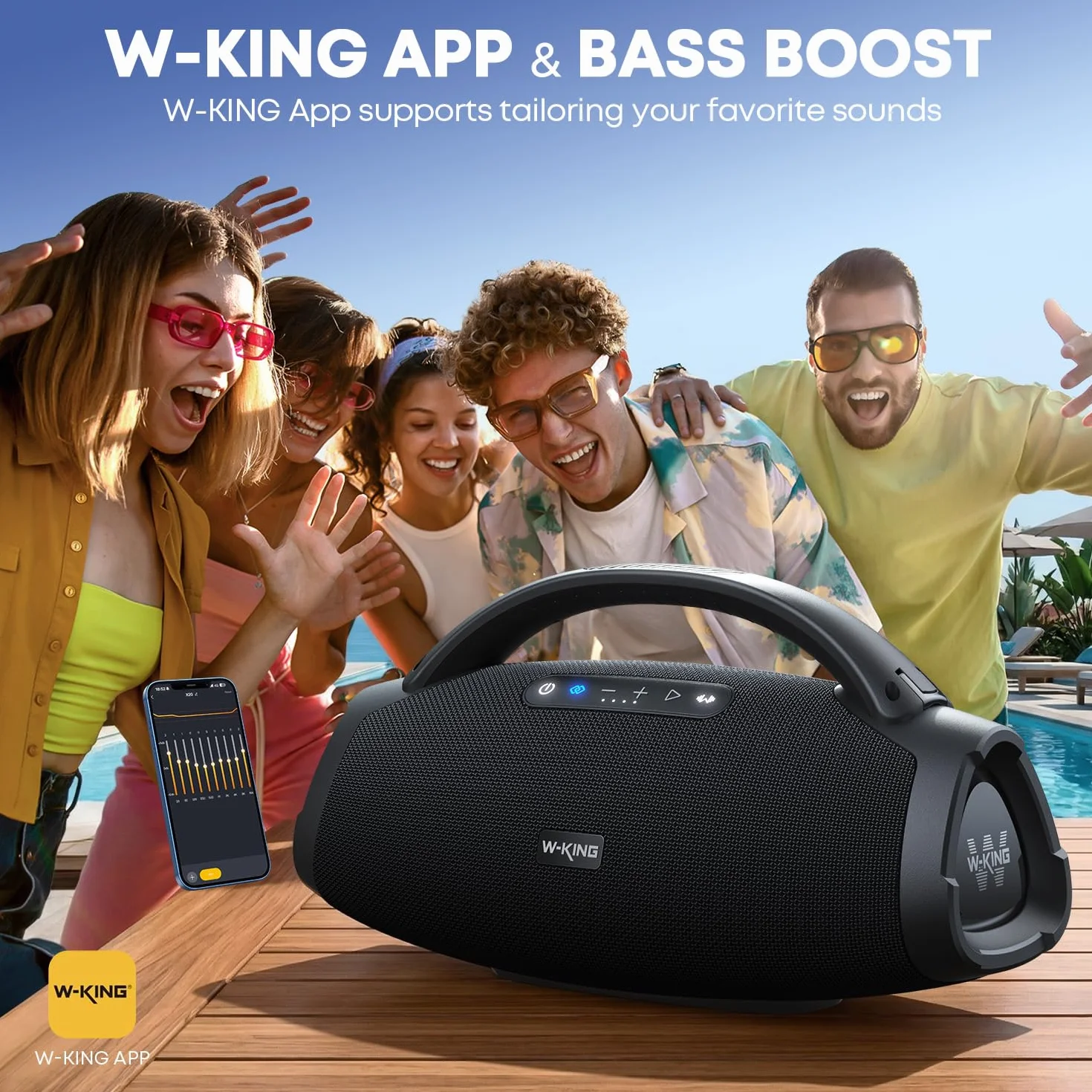 200W RMS Głośnik Bluetooth, W-KING 300W Szczyt Głośny Przenośny Boombox Super Bass/Szybkie ładowanie Bluetooth Box, IPX7, Subwoofer/EQ, Wejście Gitarowe/USB/AUX