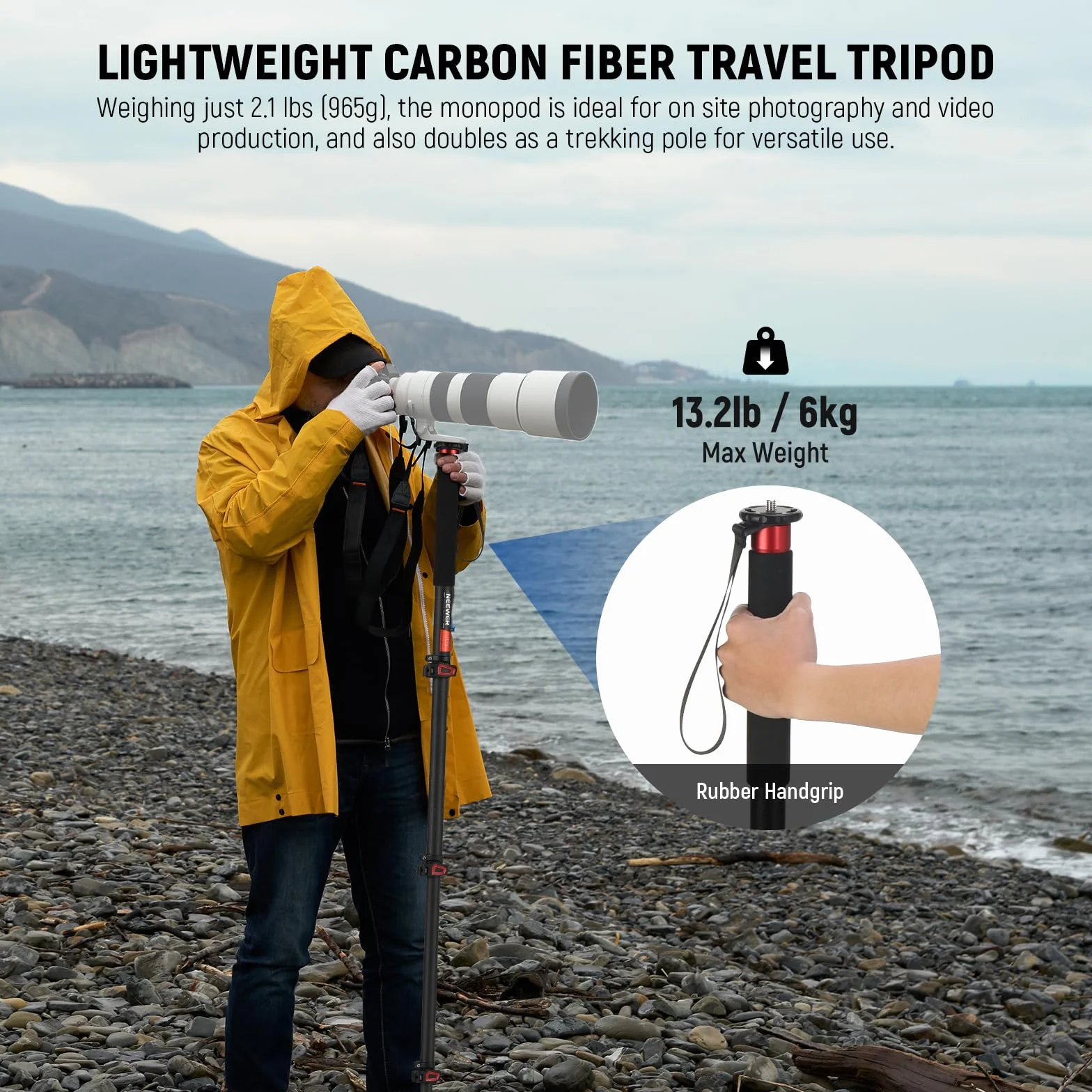 NEEWER Stojak na monopod na aparat 72 cali, lekki statyw podróżny z włókna węglowego z odłączaną podstawą do nagrywania wideo DSLR, teleskopowy kij trekkingowy, maksymalne obciążenie 6 kg, TP71