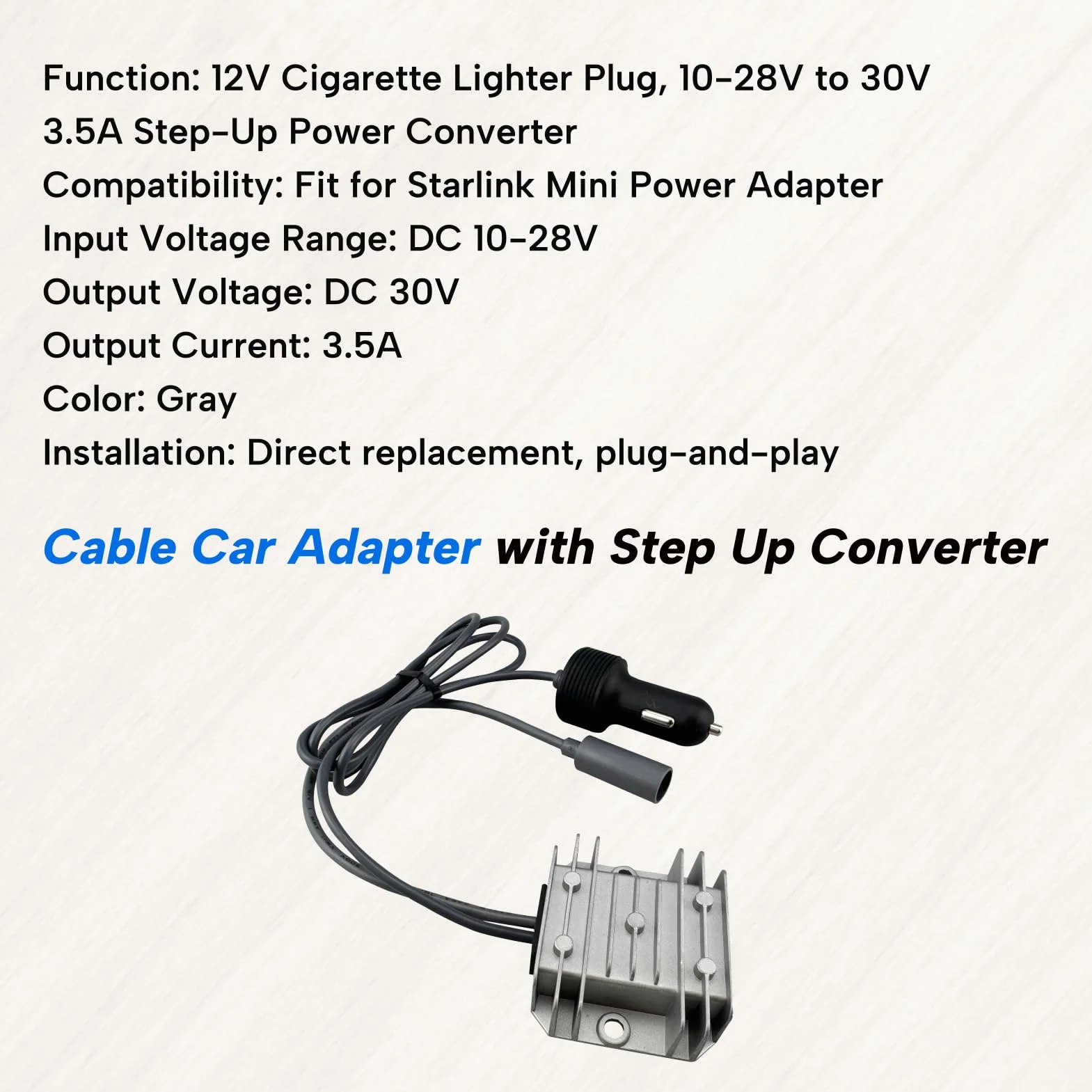 Pasuje do Starlink Mini adapter samochodowy z konwerterem Step Up 12 V kabel zasilający do zapalniczki 10-28 V do 30 V 3,5 A zestaw konwertera do samochodów ciężarowych, kamperów, łodzi