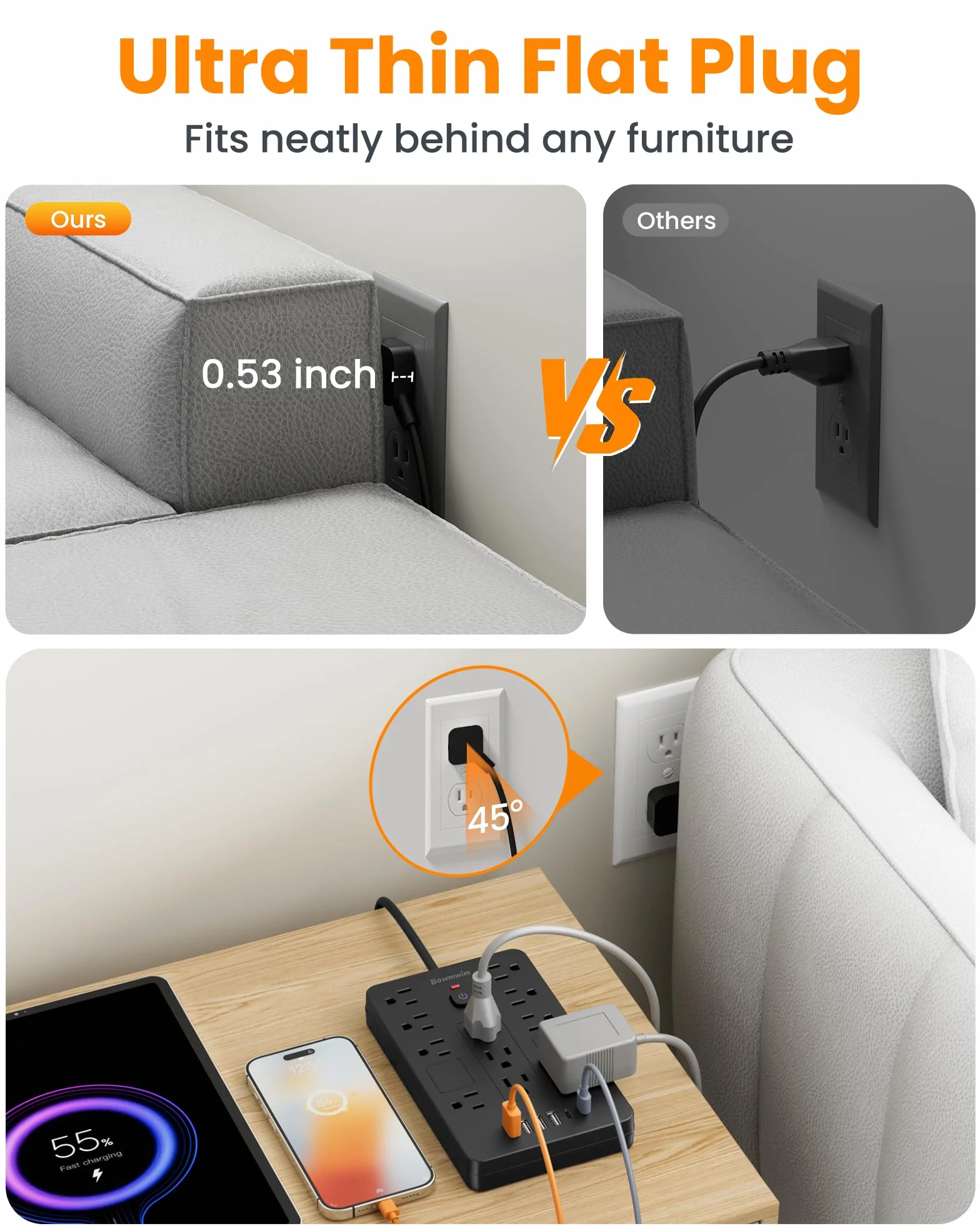 Listwa zasilająca z ochroną przeciwprzepięciową, 11 gniazd (1850 W/15 A) z 6 portami USB (2 USB C), płaski kabel przedłużający 1,8 m, do montażu na ścianie, czarna