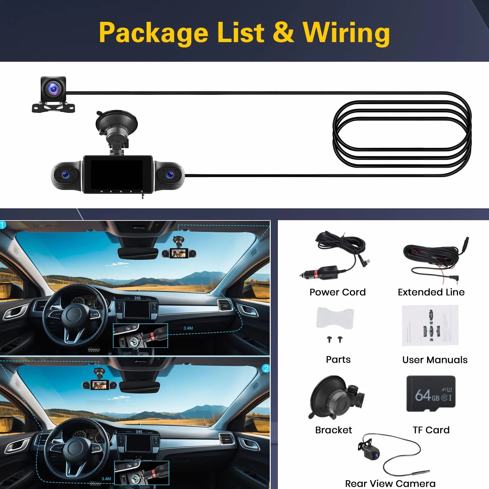 Hikity 3.0" DVR 1080P WiFi kamera samochodowa kamera samochodowa z aplikacją sterującą aplikacją z kartą SD 64 GB szerokokątny kąt 360°, monitorowanie parkowania 24 h, czujnik G, nagrywanie w pętli