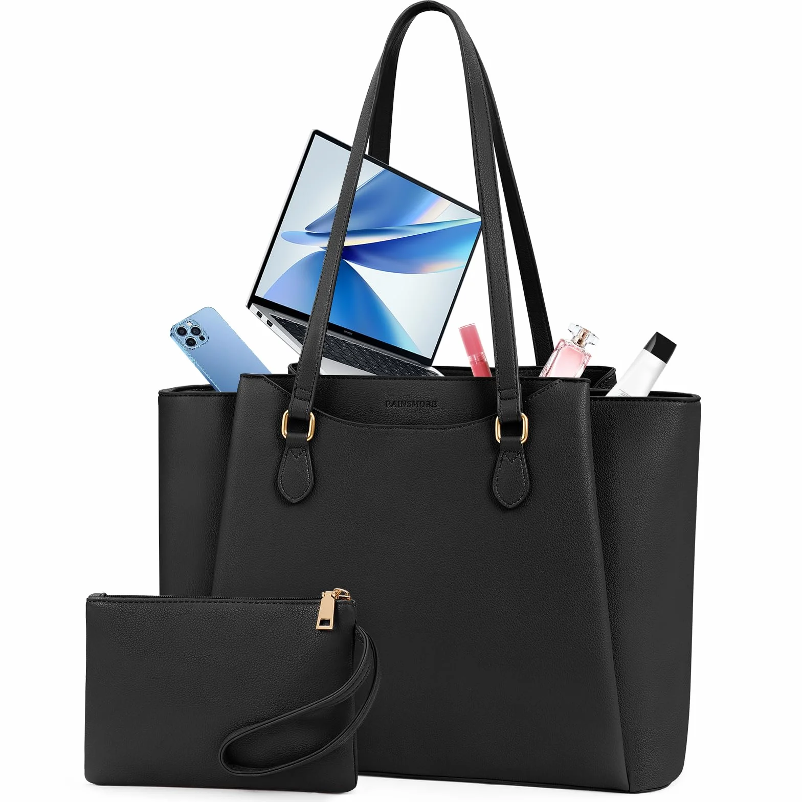 RAINSMORE Torba na laptopa na dużą torebkę 39.6 cm, damska torba na ramię ze skóry PU z portfelem damskim do szkoły, pracy, na zakupy